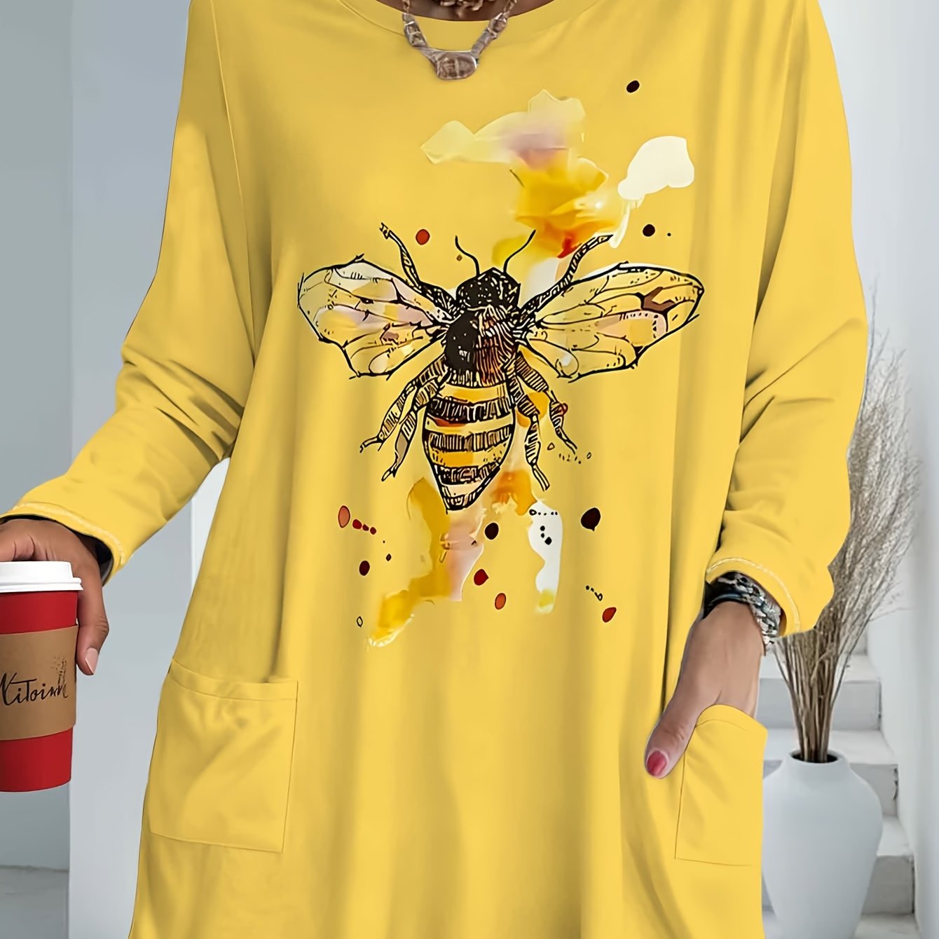 TEMU Women's Plus Size Long Sleeve T-shirt With Pockets, Print, Women's Loose Casual Top, Plus Size Comfortable And Versatile Style