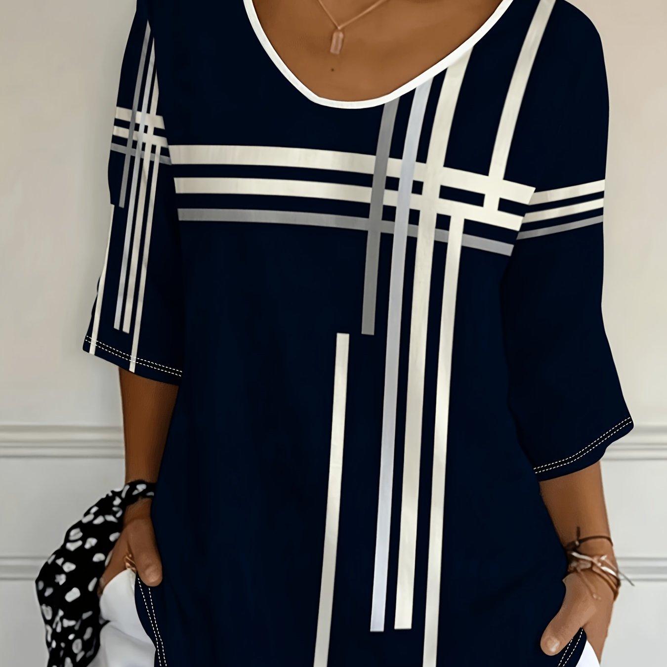 TEMU Plus Size Women's Top, Geometric Line Pattern, Easy , Suitable For Casual Wear And Office, Fashionable And Comfortable