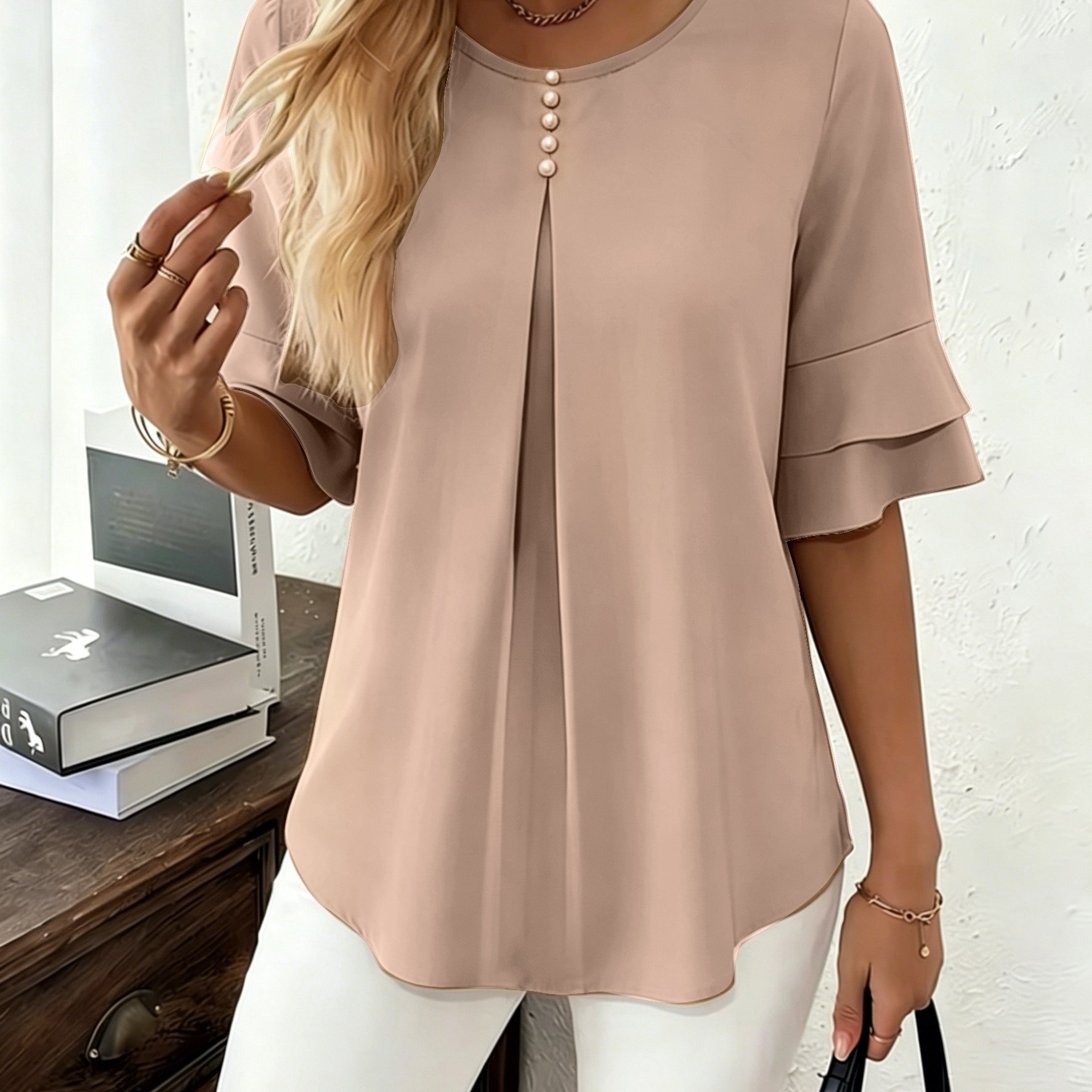 Elegant Flared Sleeve Shirt, Summer Loose Solid Round Neck Top