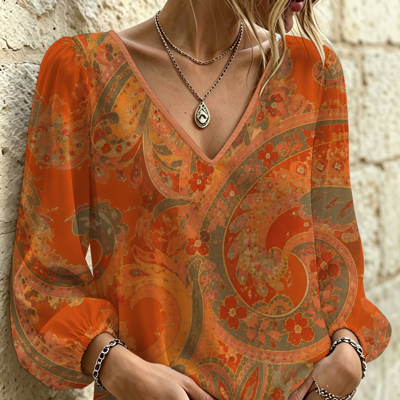 TEMU [digital Printing] Vintage Orange Paisley Women's V-neck Long Sleeve Shirt For Office, Beach, Party, Vacation, Street Casual Wear