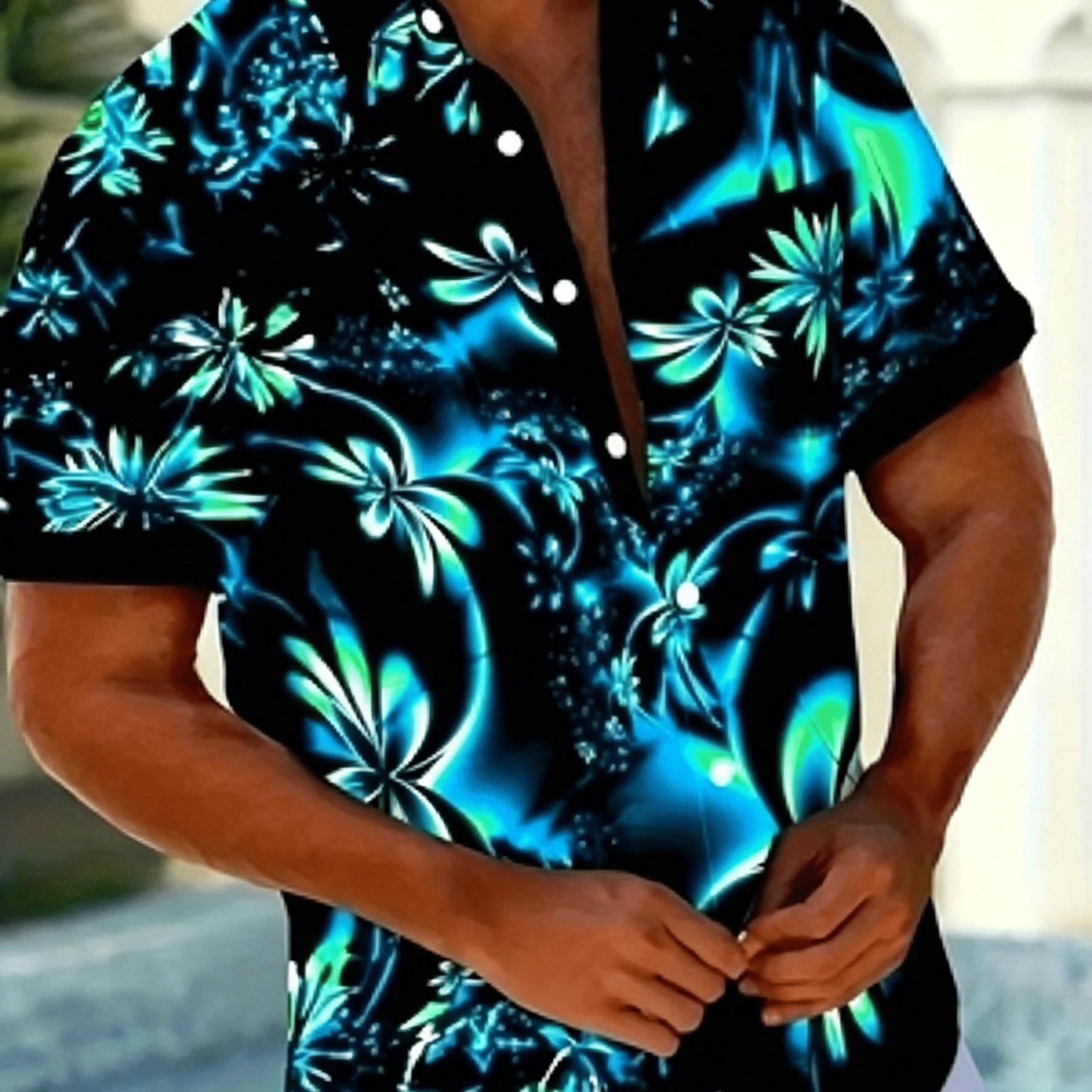 TEMU Men's Vibrant Tropical Gradient Hawaiian Shirt - Short Sleeved With Button Closure And Fluorescent , Breathable Polyester, Machine Washable,