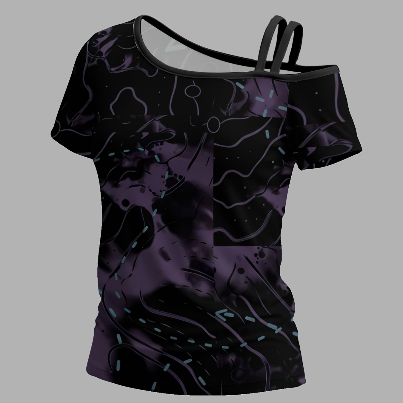 TEMU Cyber Purple Circuit Flow Women' Shoulder Short Sleeve T-shirt With Unique Asymmetrical Design And Trendy Prints, Effortlessly In Casual Spring