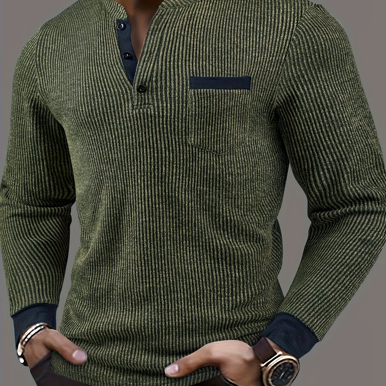 Image of Men's Textured Striped Collar Long Sleeve Casual Henley Shirt, Breathable Fabric, Machine Washable For Outdoor And Office Daily , Multifunctional Clothing, Textured Fabric, , Fashionable Men's