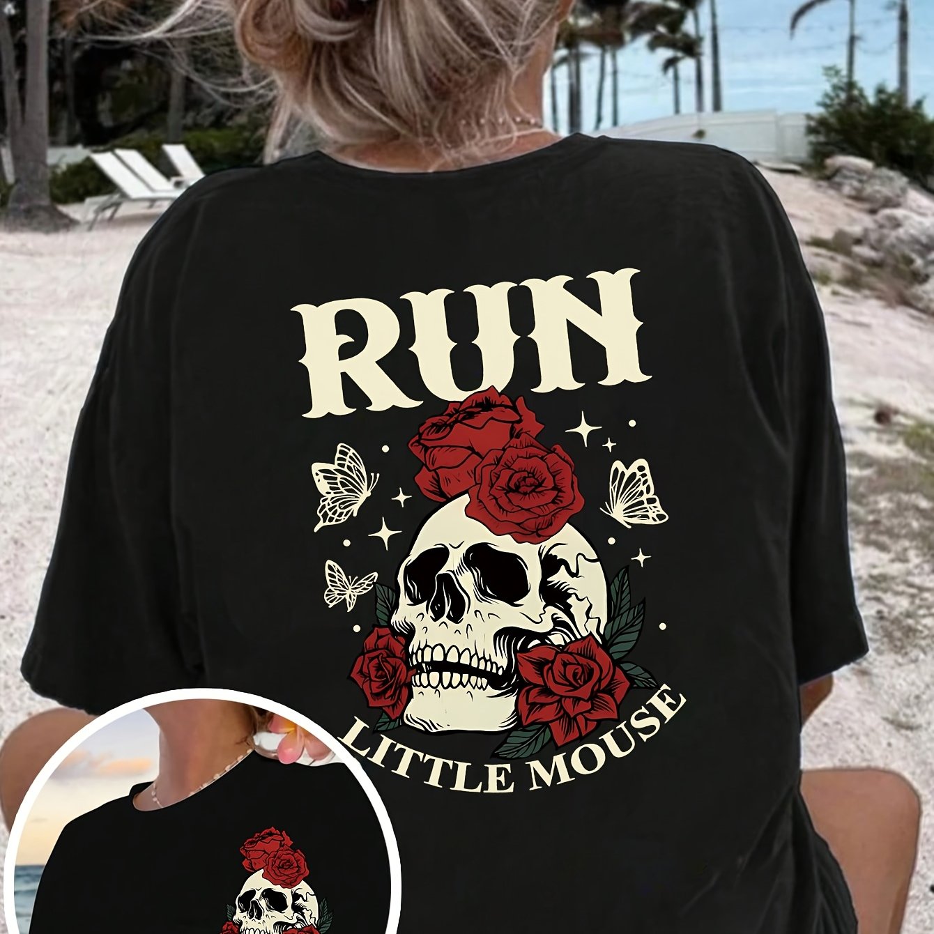 Image of Skull Rose Book Lovers Front And Back Graphic Print Fashion Casual Short Sleeves, Spring And Summer Fit, Crew Neck Women's Cheap Affordable T-shirt