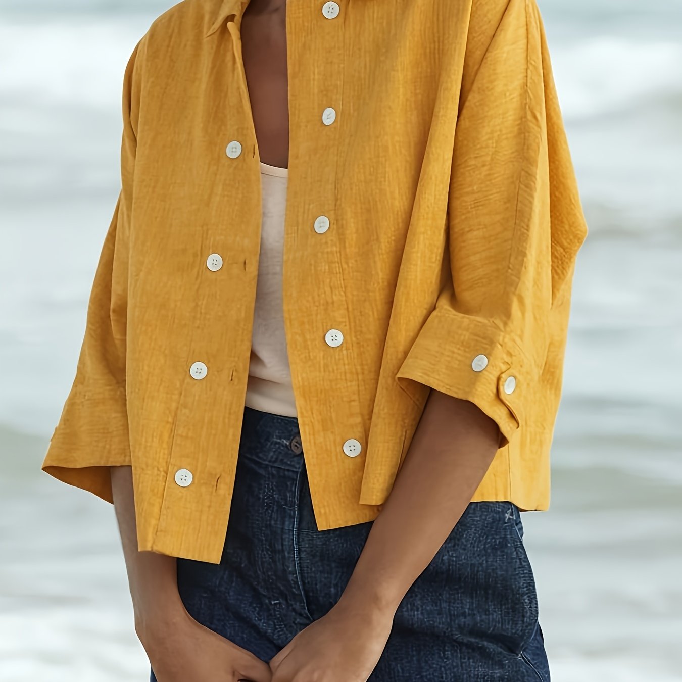 Loose Solid Color Open Collar Double-breasted Short-sleeved Shirt