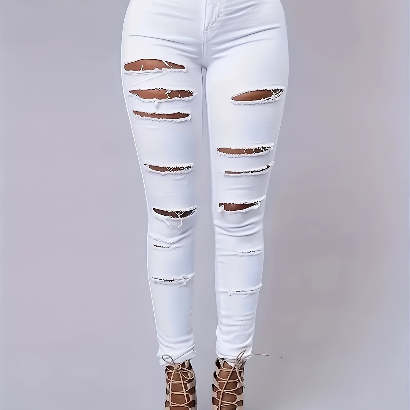 European And Style Sexy High-waisted Stretch Slim-fit Ripped Denim Pencil Pants White