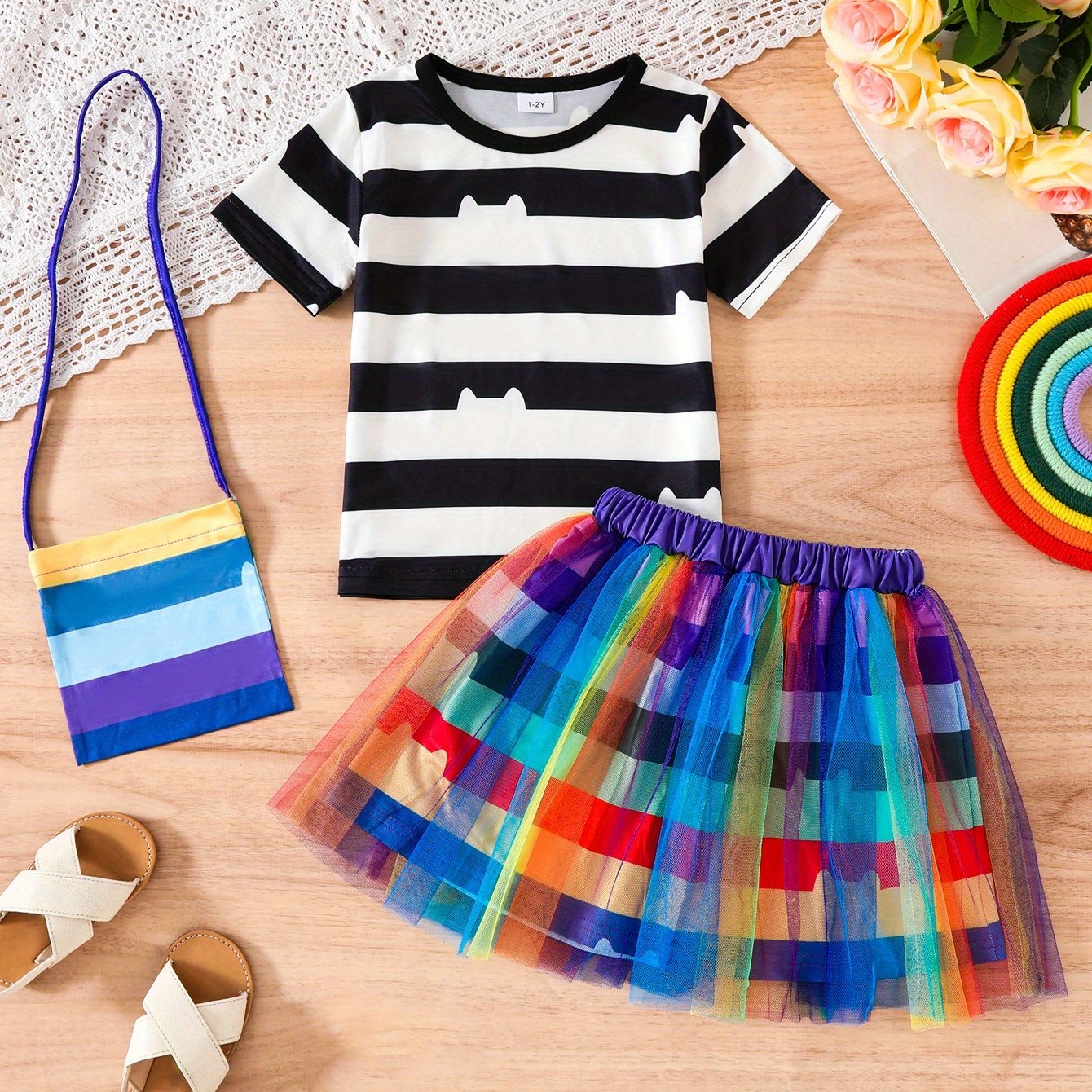 Image of Cute Doll Rainbow Striped Tutu Skirt Girls Colorful Mesh Three-piece Short-sleeved Cute Birthday Gift With Bag, For Outdoor