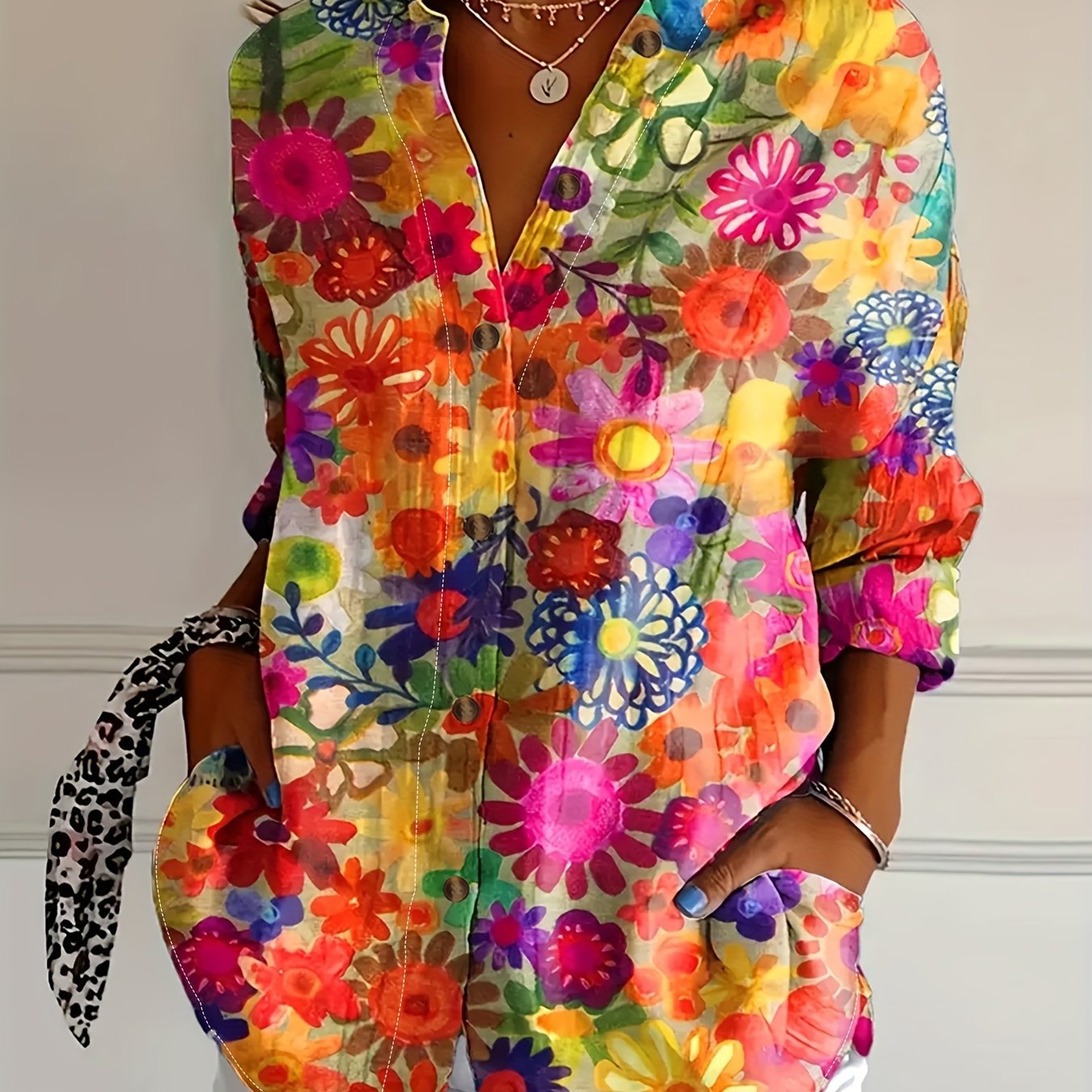 TEMU Plus Size Women's Floral Shirt - Long Sleeve Button-up Blouse With Vibrant Design, Machine Washable & Dry , Collection, Apparel | | Comfortable