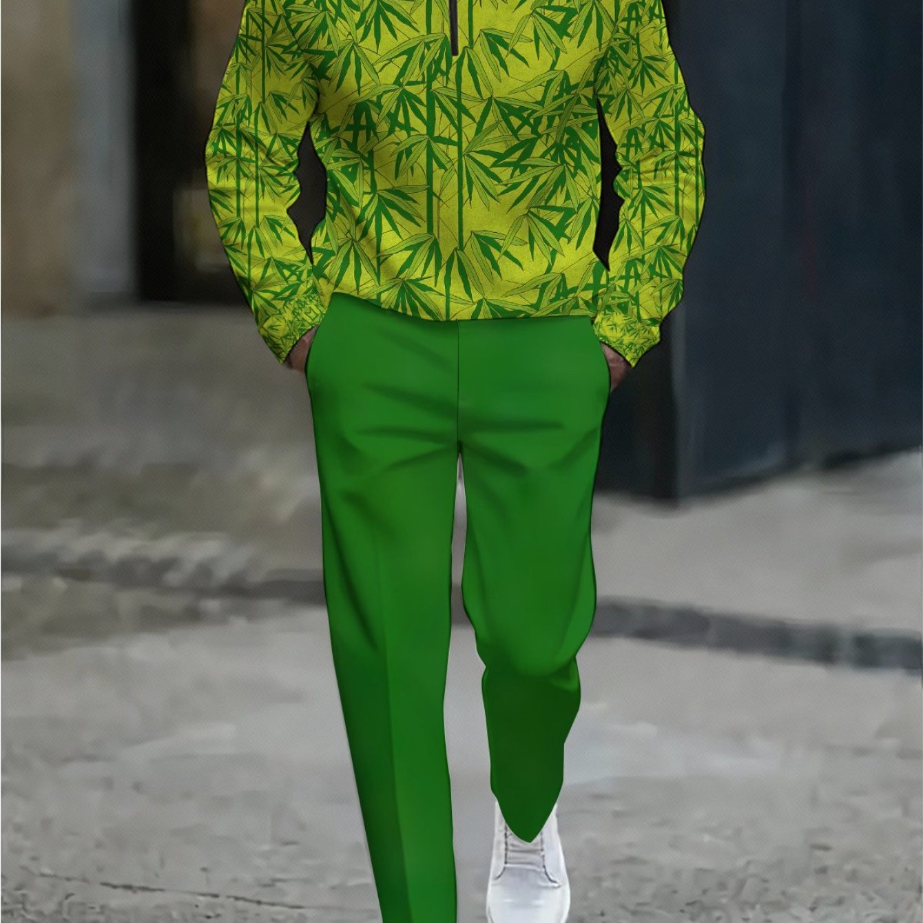 Image of [printed Design - Not Textured] Stand Collar Men's Fashion Casual Trendy Bamboo Rayon Leaf Print Half Green Straight Leg Pants 2pcs Set Men's Outfits For Adults Men Street Style Casual Wear