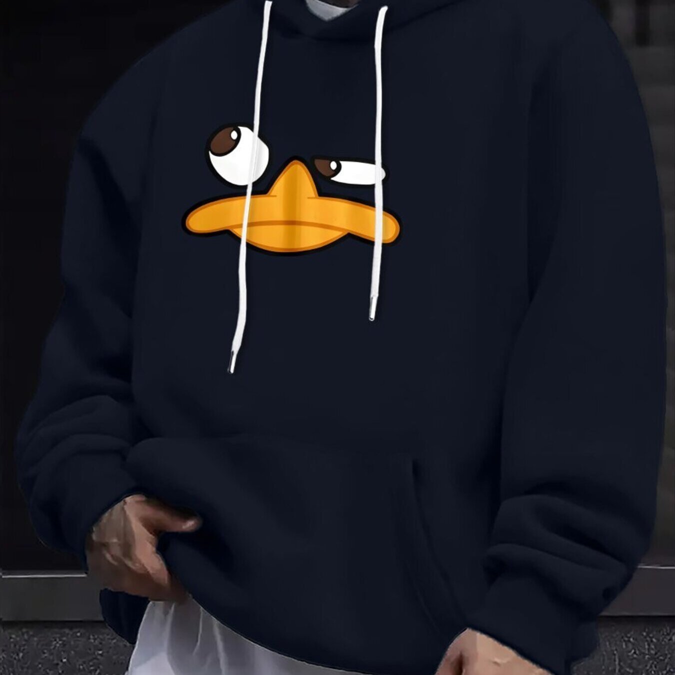 TEMU Cute Duck Print Plus Size Men's Casual And Cozy Hoodie, Trendy Long Sleeve Hooded Sweatshirt, Casual Versatile Top For Autumn Winter