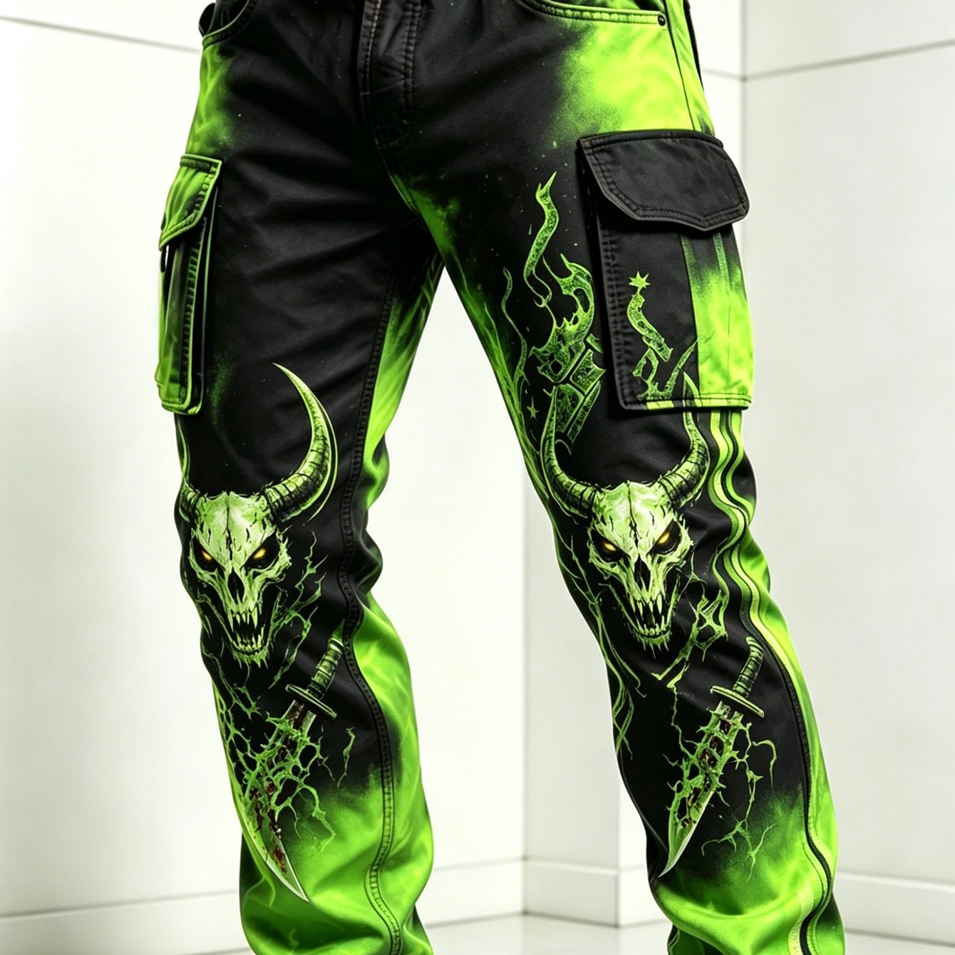 TEMU Men's Fluorescent Green Dark- Horned Skull Cargo Pants, Street Style Casual Pants, Suitable For Daily And Gatherings