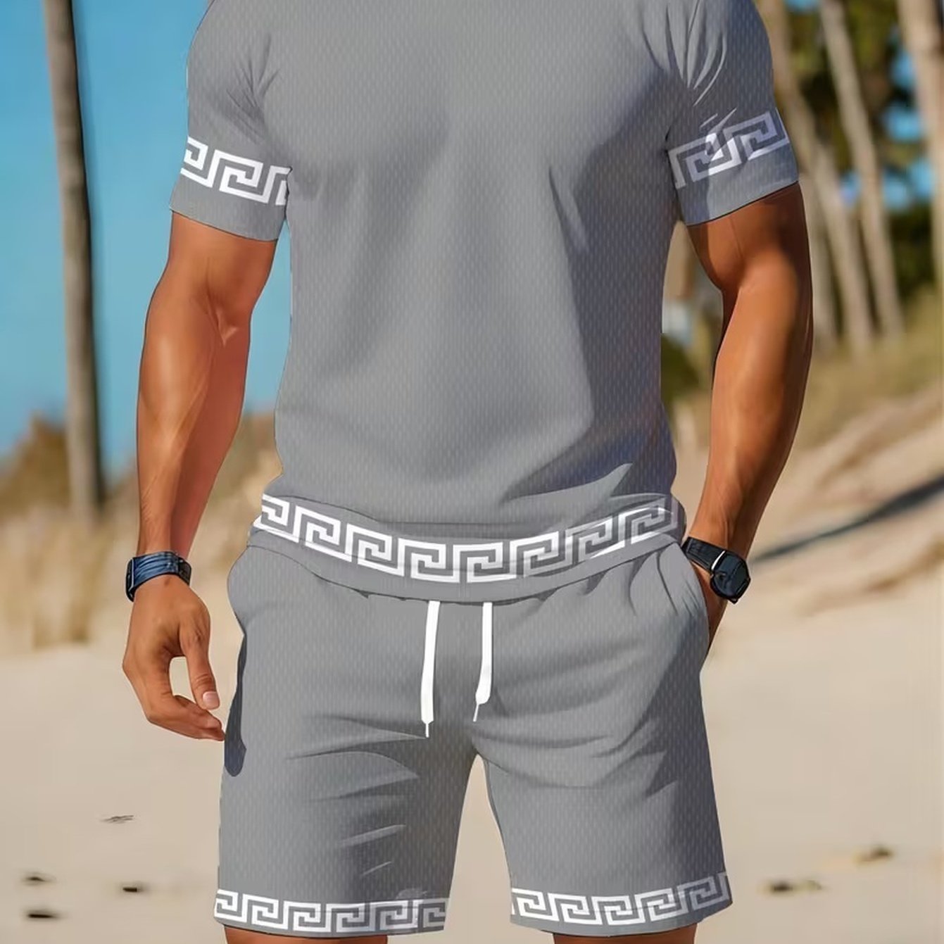 TEMU Men's Commuter Casual Suit, Light Gray Mesh Greek Key Bordered Short Sleeve T-shirt And Matching Drawstring Shorts 2pcs Set
