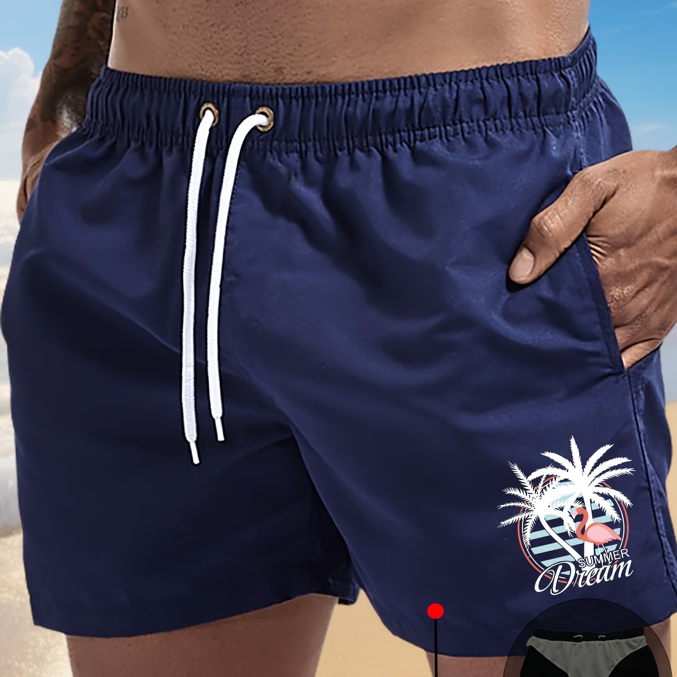 TEMU Men's Flamingo Print Swim Trunks - Elastic Drawstring Waistband Shorts, Lightweight Beachwear For Surfing, Swimming, Fitness, Vacation - With