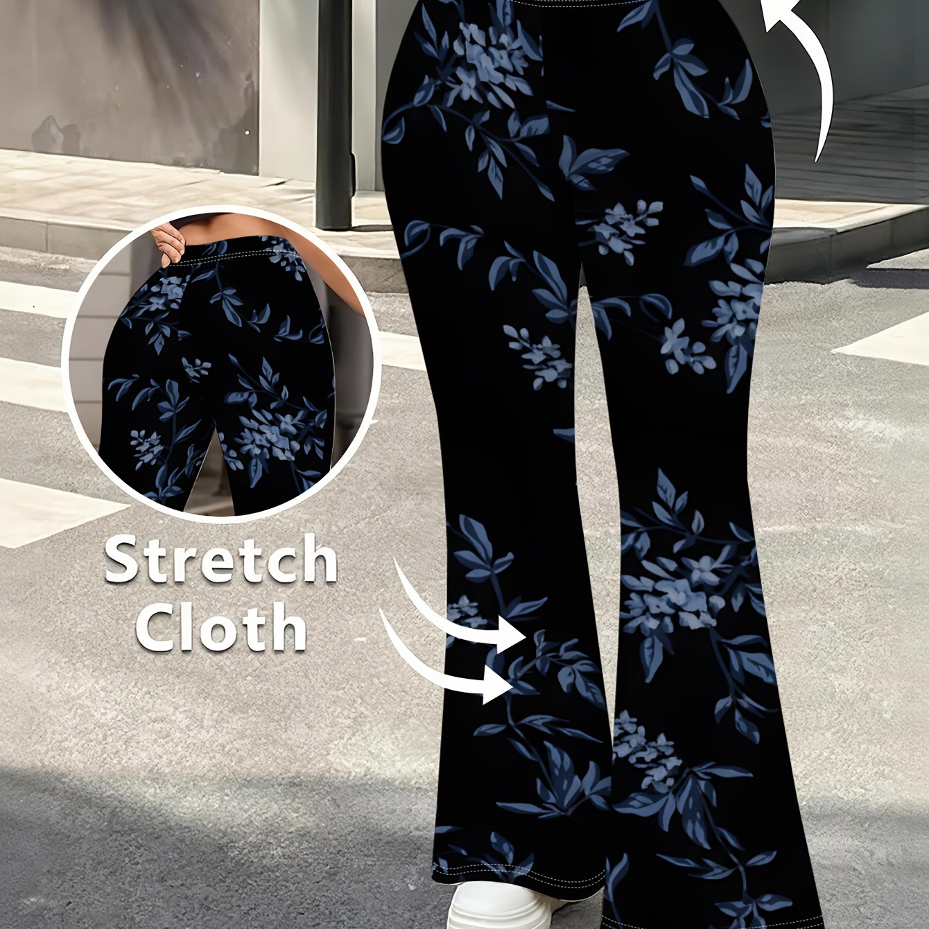 TEMU Plus Size Women's Stretchy Flared Pants With Print - Digital Printed Design, Not Textured. Spring, Summer, Autumn Printed Stretch Casual Long