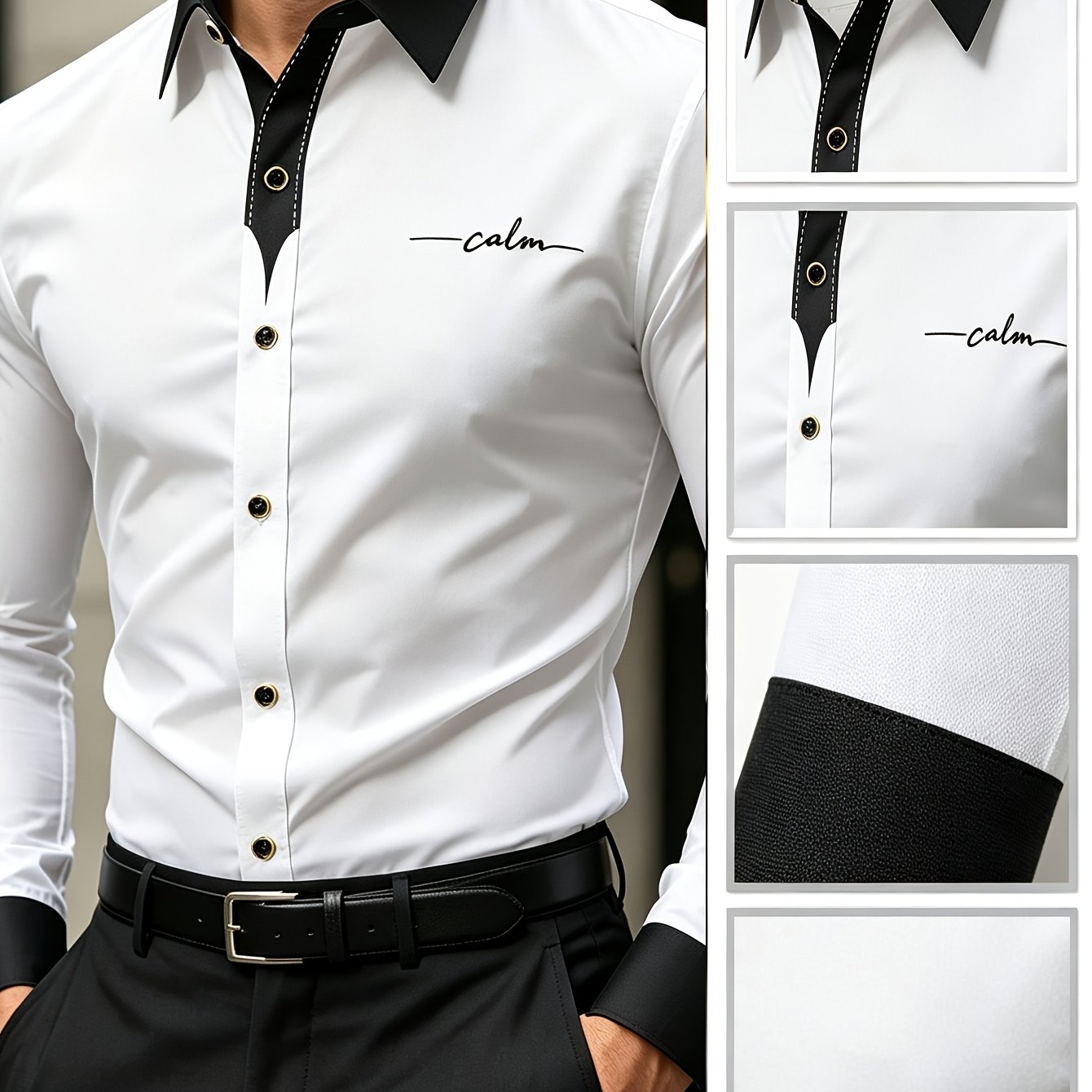 TEMU Men'-pc Shirt / Men's Outfits / Men's Designer Clothing / Business Men's Shirt 2026 Spring Black And White Contrast Color Slim Fit Wrinkle-free