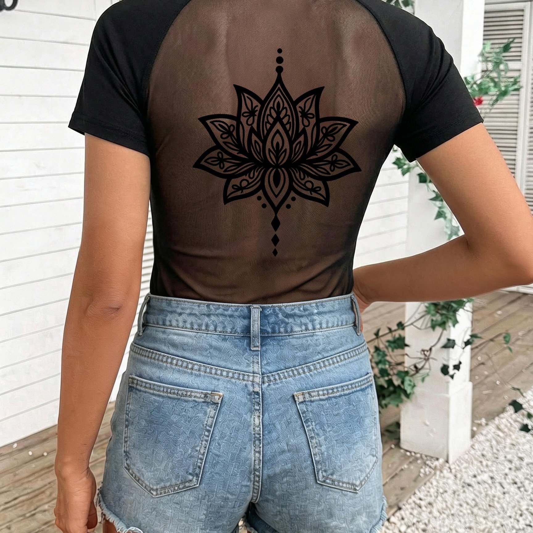 TEMU ! Women's Slim Fit And Sexy Backless Careful Machine, With Lotus Plush Print Pattern Printed On The Back, Mesh Semi Transparent Round Neck