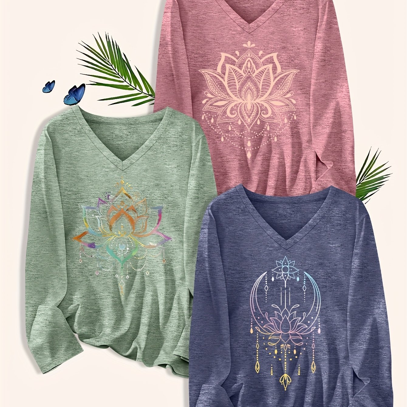 TEMU Conjunto de 3 Camisetas Talla Grande, Versátil: Nueva Llegada /Verano, Moda Femenina Talla Grande Estampado " Colorful for Lotus", Camiseta