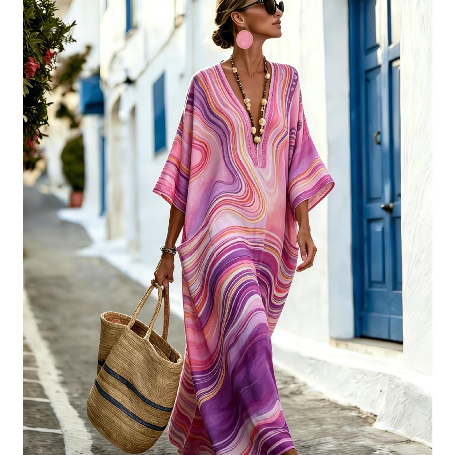 Image of Women's Summer V-neck Dress Wavy Gradient Stripe Pattern Print Vacation Elegant Loose And Comfortable 2 Pockets Machine Washable Suitable For Daily Wear And Party Gatherings Perfect As A Gift