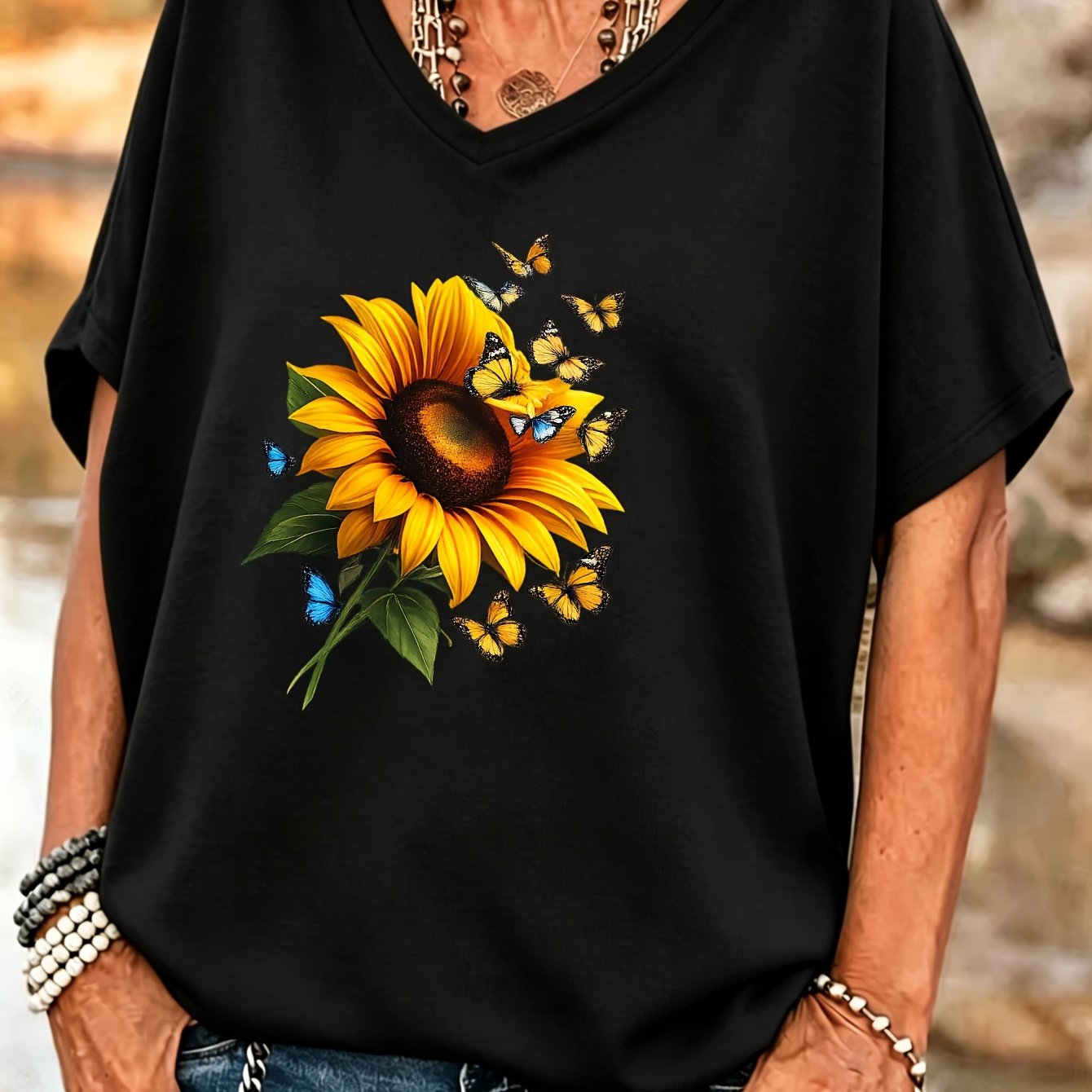 TEMU Plus Size - Women's T-shirt V-neck Batwing Sleeve Plus Size 1xl-8xl Sunflower Print Pattern Top Plus Size Casual High Quality Women's Clothing