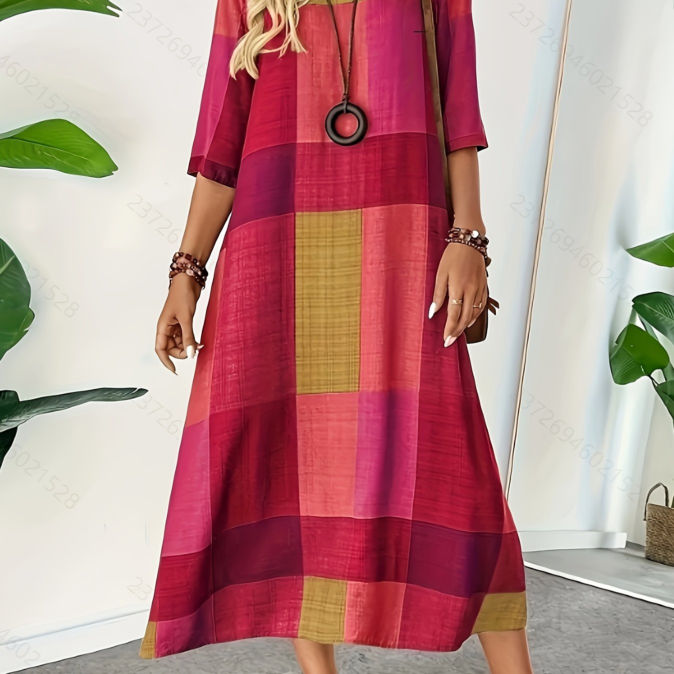 E-shop Plus Size - Plus Size - Sommer 2025 Neues Retro Farbblock-Print Kleid, , Rundhalsausschnitt Kurzarm, Maschinenwaschbar