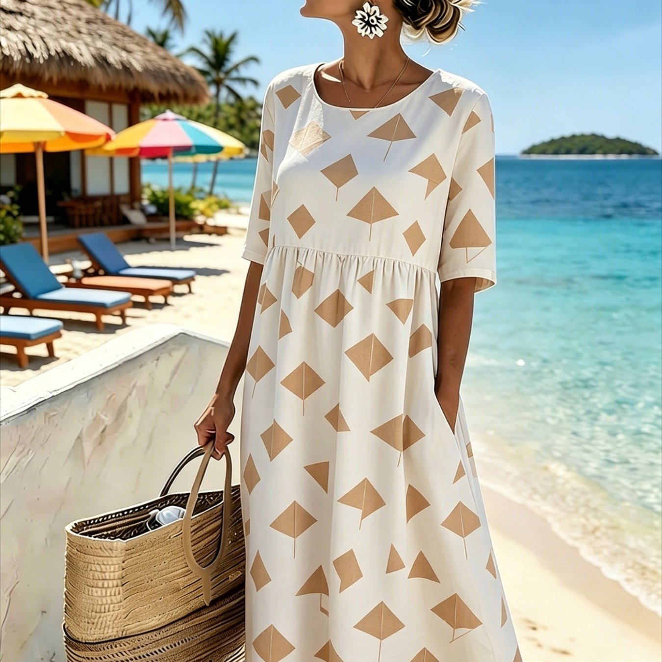 Women's Elegant Midi Dress - Casual 3/4-sleeve, Crew Neck, Loose-. Machine Washable. A Comfortable Beach & Vacation Dress, Perfect For Travel, Getaways, And Everyday .