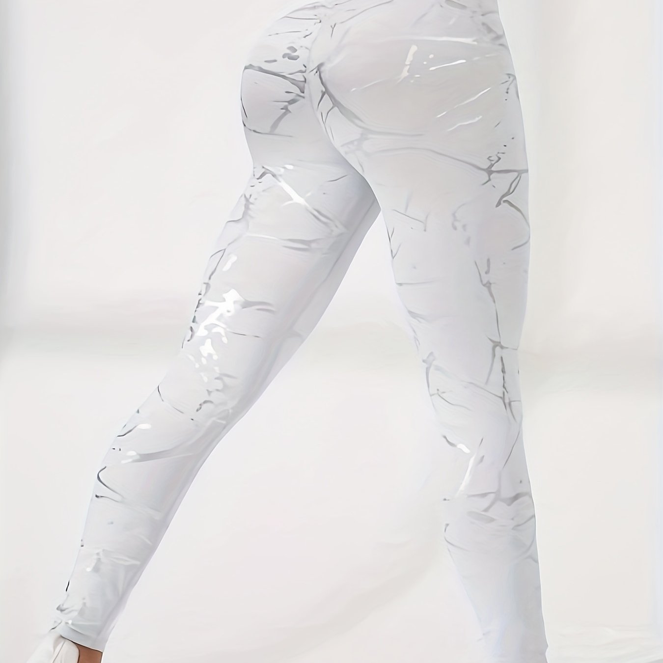 E-shop Sportliche Damen High-Waist Tights mit Bauchkontrolle, Weiß, Weißer Hitzefolie, Fitness Laufhose für Outdoor,