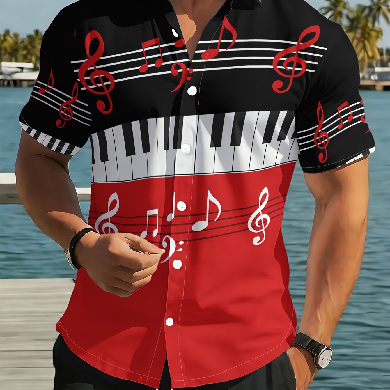 TEMU [print Design - Not Textured] Trendy Fashion Piano Shirt Beach Party Hawaiian Shirt, Summer Short Sleeve Shirt, Men's Short Sleeve Shirt