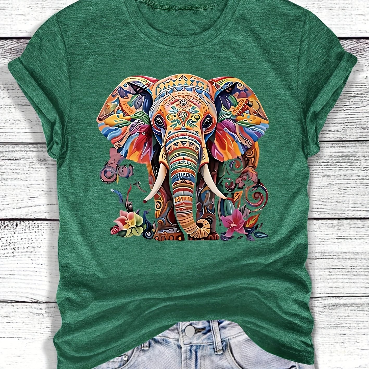 TEMU Elephant Print Crew Neck Casual Vintage Style Women's Elegant Top For Daily Commuting, Spring And Autumn Casual Sporty Style, Crew Neck Short