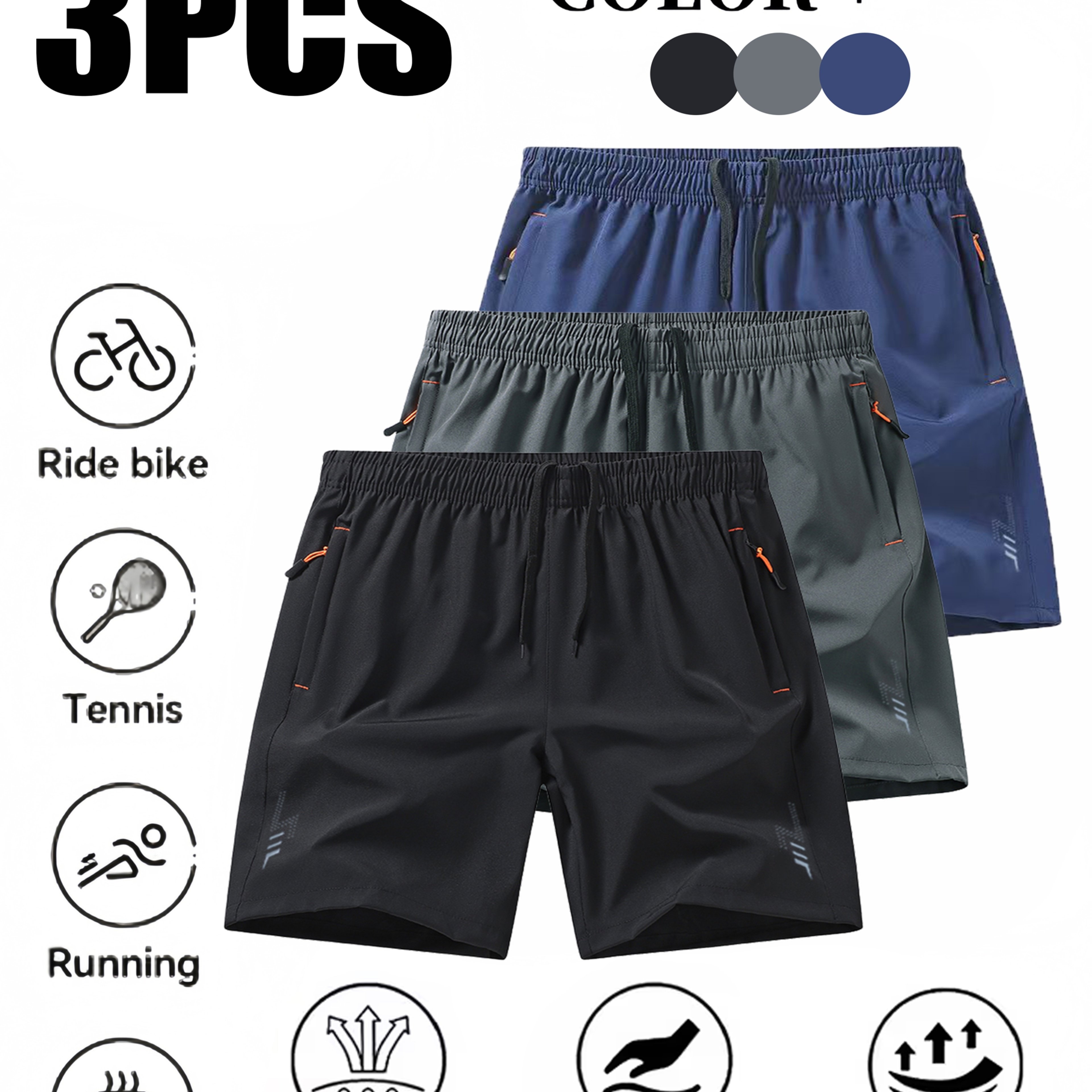TEMU 3pcs Men's Athletic Shorts Set, Breathable Quick-dry Polyester, With Zipper Pockets And Drawstring, Solid Color Athletic Style, Suitable For