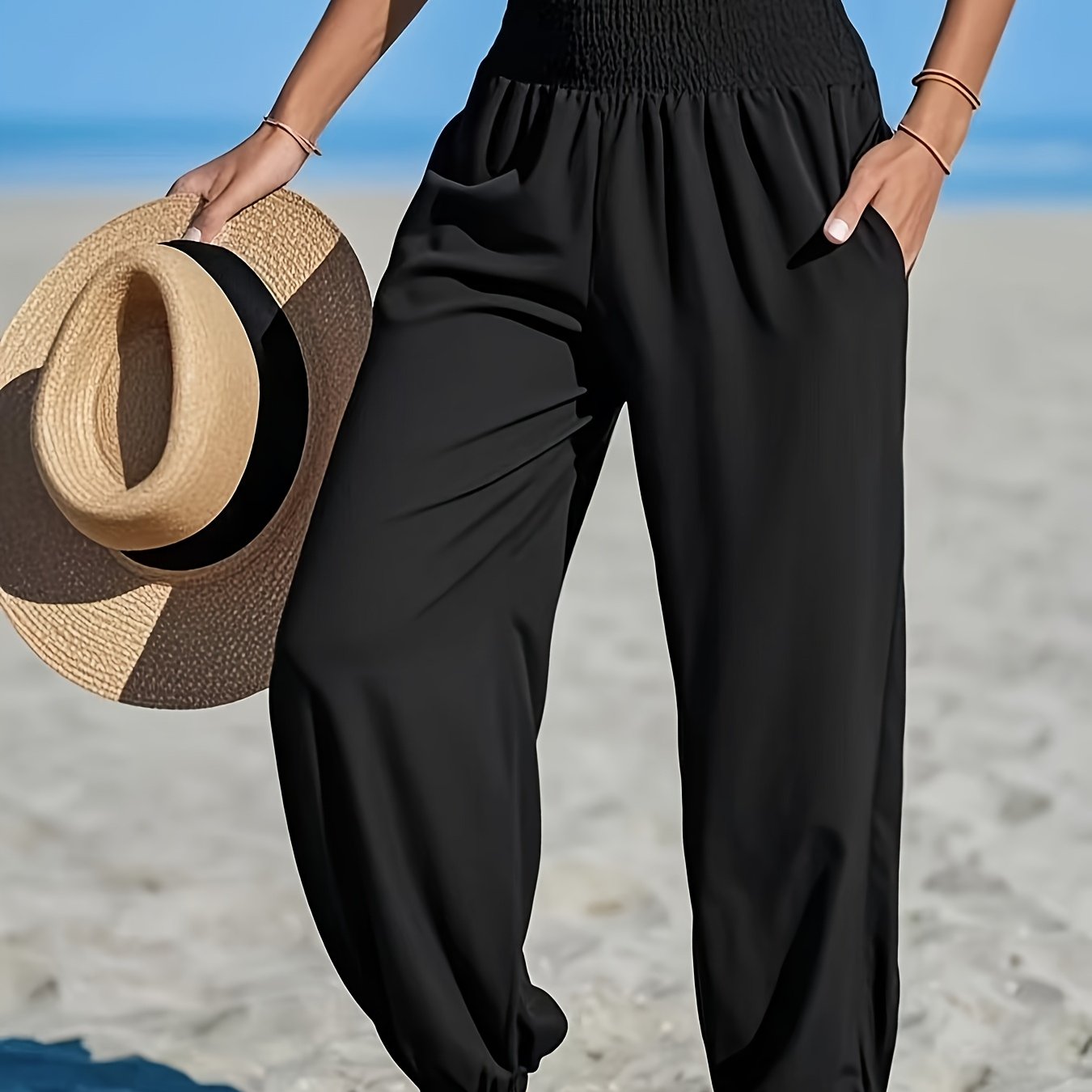 E-shop Sommerliche Damen High-Waist Ankle Leggings, lässige Freizeit All-Match elastische Taille elegante Pendlerhose, Outdoor Strandurlaub Hosen mit