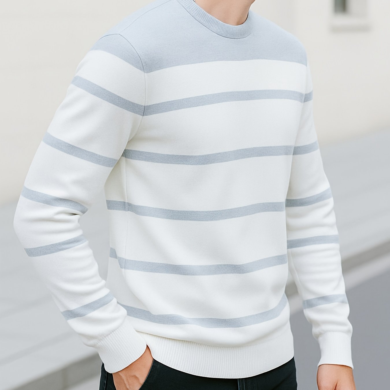 TEMU Early Autumn Men's Knit Sweater, , Visually , Featuring Classic Striped Elements, Delicate And Soft Fabric With Elasticity, Close-fitting And