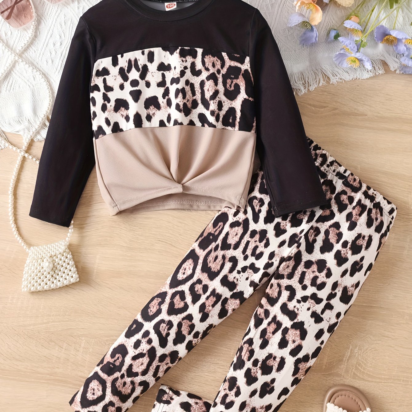 Girls' Spring/autumn New Casual Outfit: Leopard Print Patched Long Sleeve T-shirt And Slim Fit Pants 2pcs Set, Perfect For Outdoor