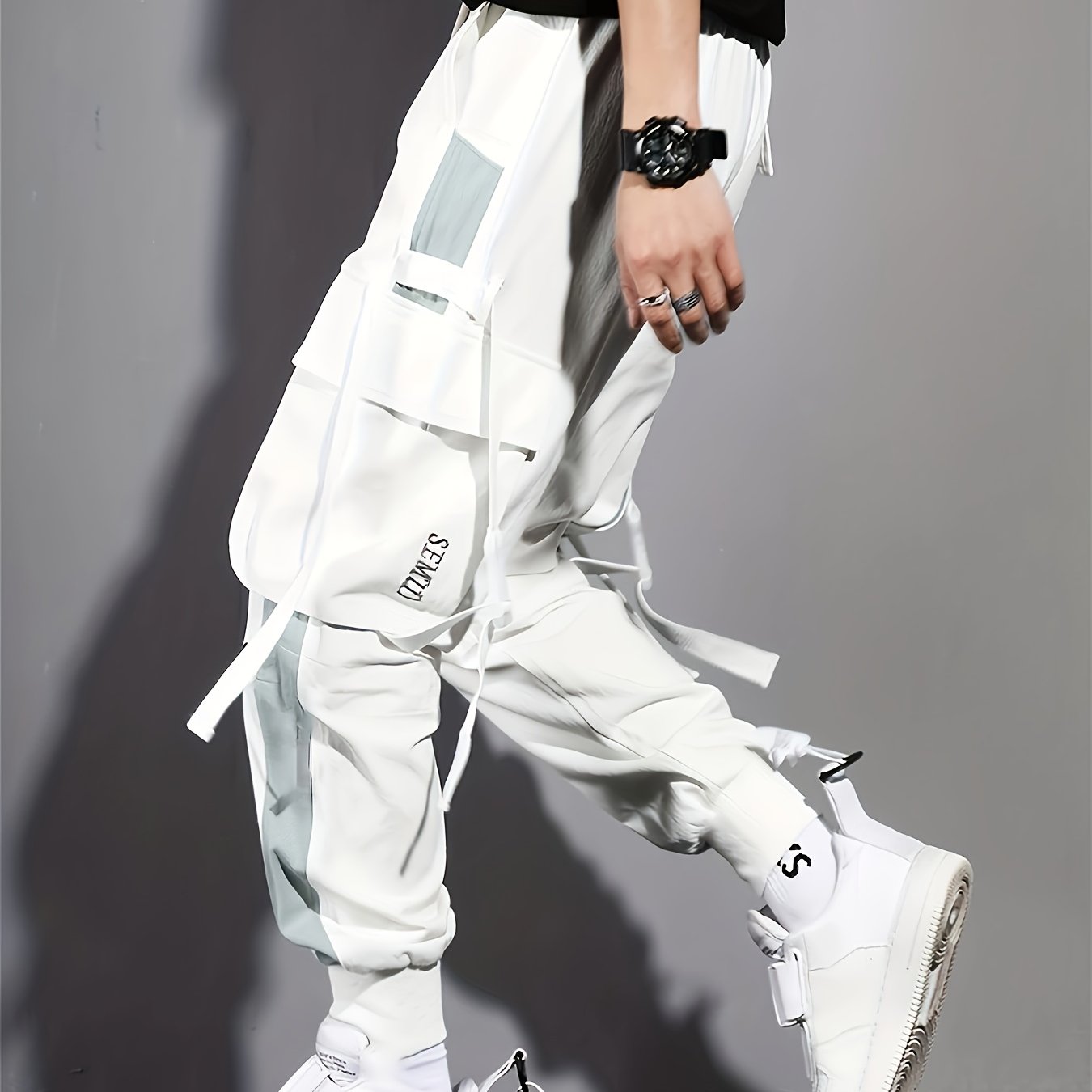 Image of Multi-pocket Ribbon Design, Summer Breathable Thin Color-block Overalls For Men, Fashionable And Comfortable Jogging Pants