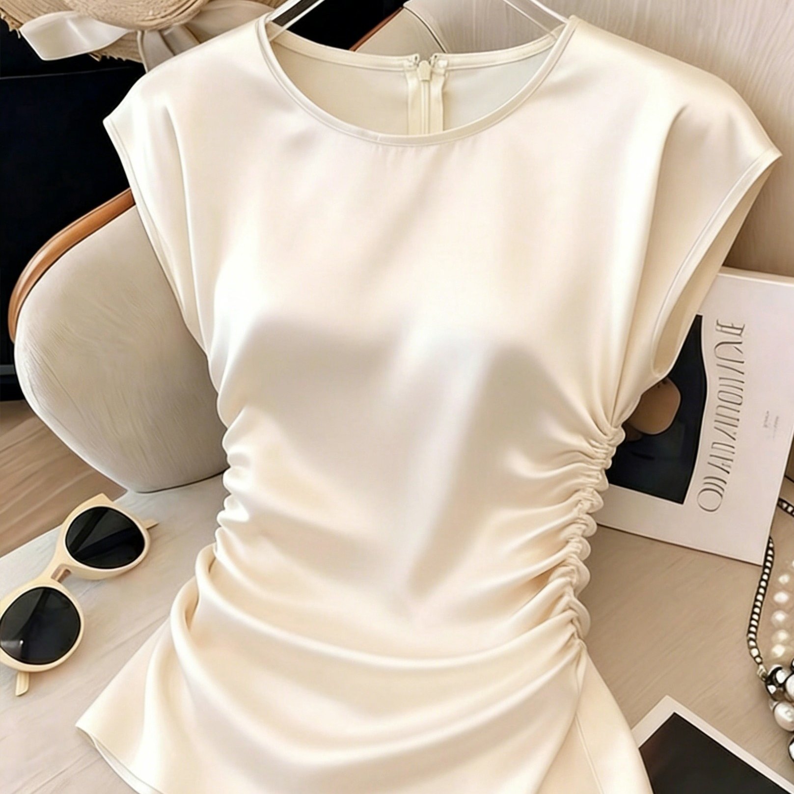 TEMU [ For Regular Fit]women's Elegant Round Neck Waist-cinched Versatile Solid Blouse, Premium Satin Fabric, Solid Pleated Waist Short Sleeve Satin