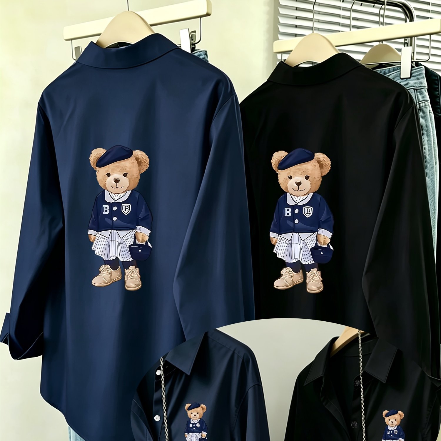 TEMU 2pcs Set: Preppy Style Beret Bear Double-sided Print Women's Shirt