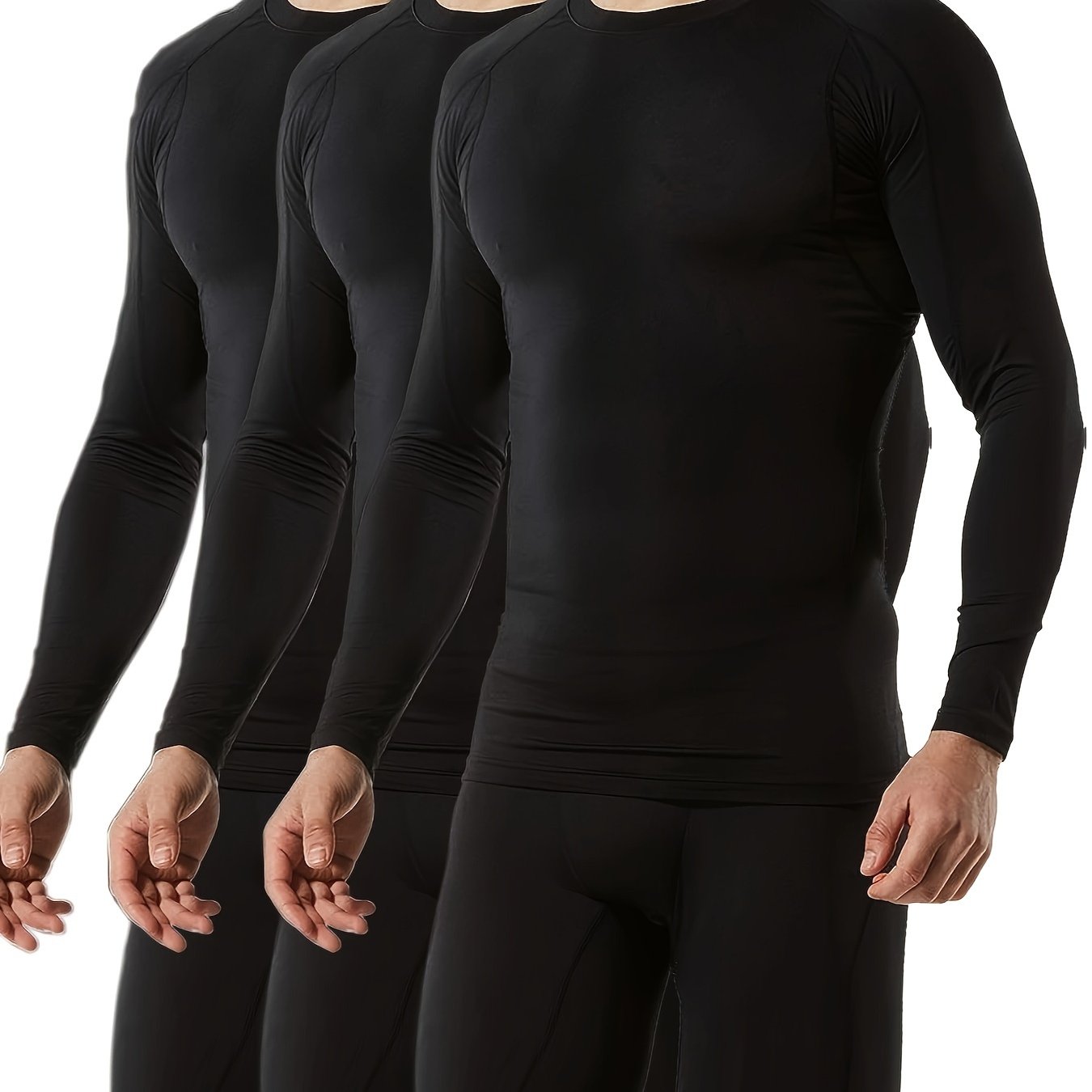 Image of 3 Pack Men's Thermal Long Sleeve Compression Shirts - High Elasticity Moisture-wicking Muscle Support Base Layer, For Gym Running Yoga Outdoor Sports & Casual Wear, Workout Clothes, Shirt