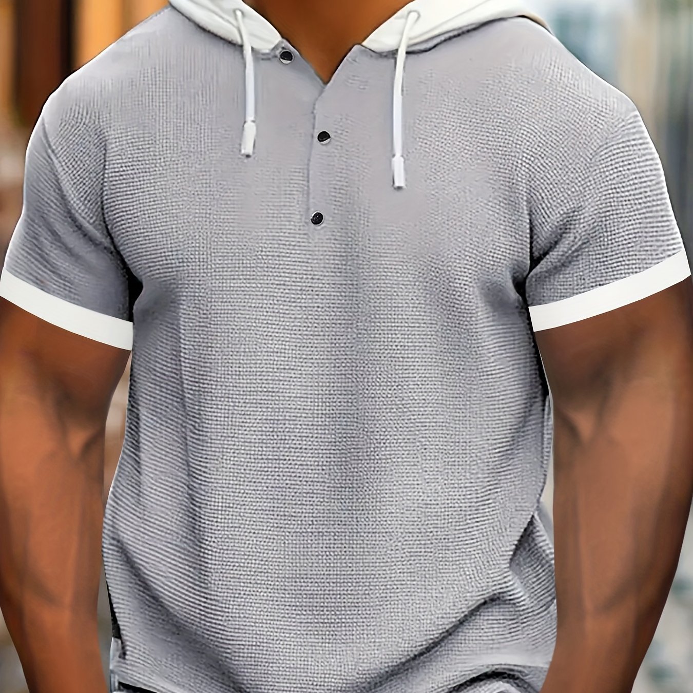 Image of Men's Casual Short Sleeve Hooded Henley Shirt - Textured Waffle Knit & Contrast Color With Metal Buttons, Breathable Summer Outdoor Sportswear, Machine Washable Regular Fit, Henley Design