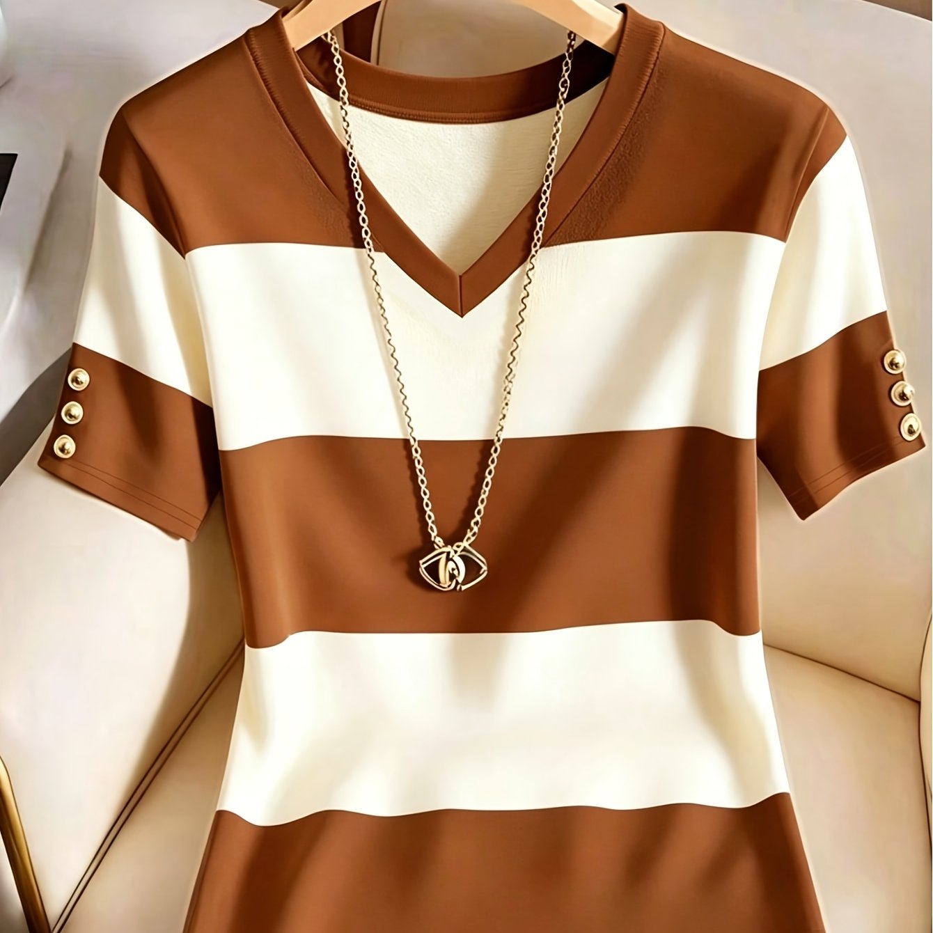 TEMU Women's -block V-neck Printed T-shirt
