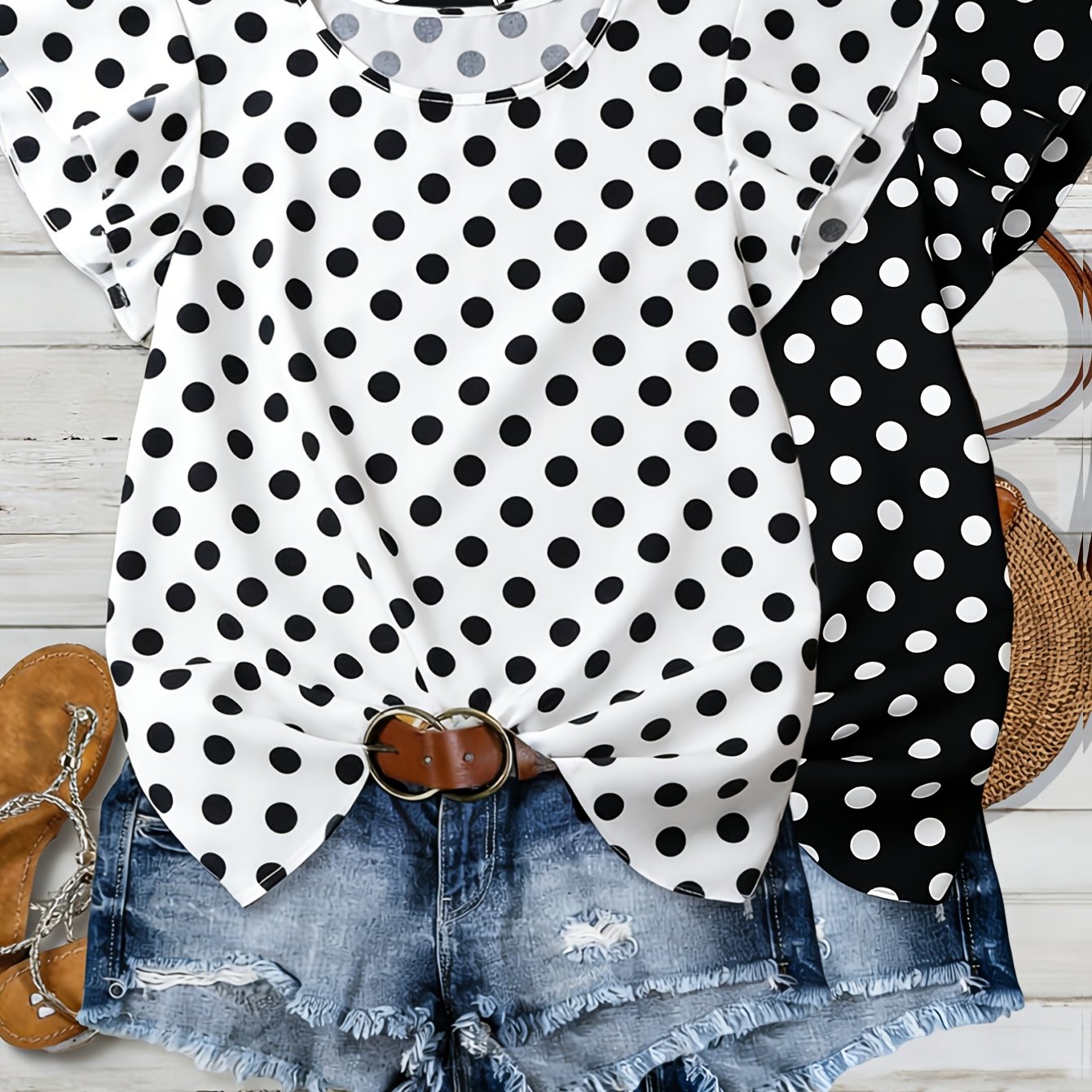 TEMU New Elegant Polka Dot Puff Sleeve Round Neck Top And Casual Versatile Age-reducing T-shirt 2pcs Set
