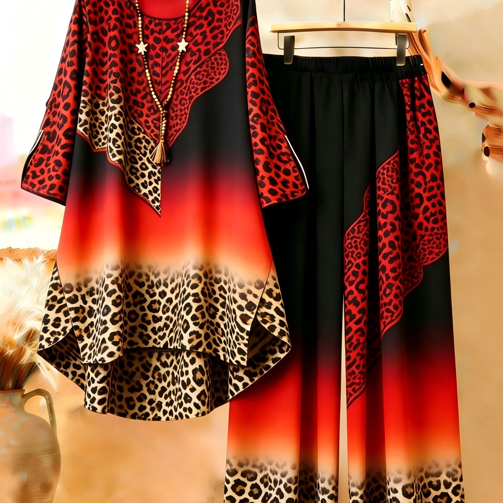 Image of Plus Size, Plus Size - Plus Size - Plus Size Boho Leopard Print 2pcs Set, Women's 3/4 Sleeve Asymmetrical Top And Wide Leg Pants, Casual Outfit, Red Ombre Gradient With Animal Pattern