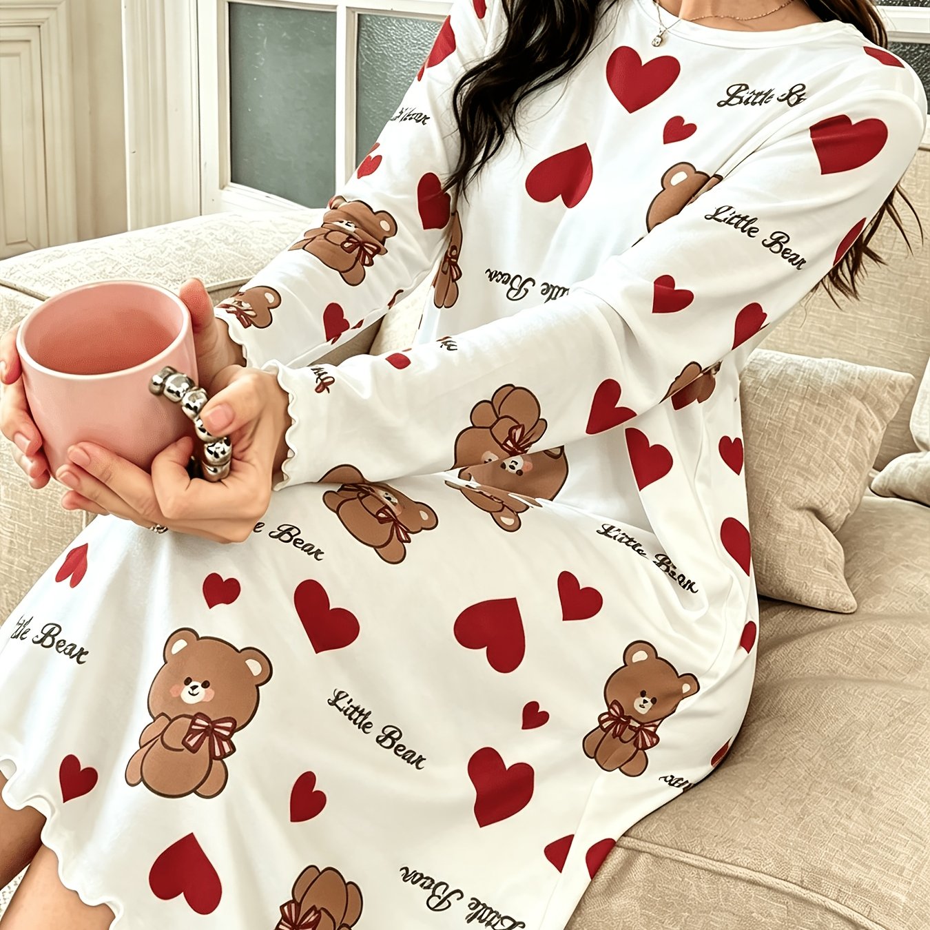 TEMU Soft And Skin-friendly Cartoon Bear Dress, Lace Long Sleeve Girly Pajamas Nightgown
