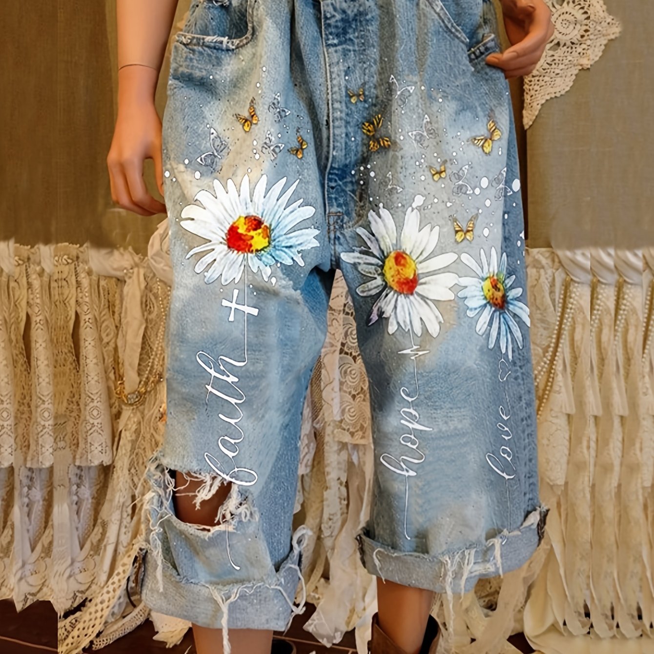 2026 Ss New Women's Printed Ripped Jeans, Loose Straight 7/8 Length Denim Pants With Frayed Hem, Distressed Washed Machine Washable & Versatile