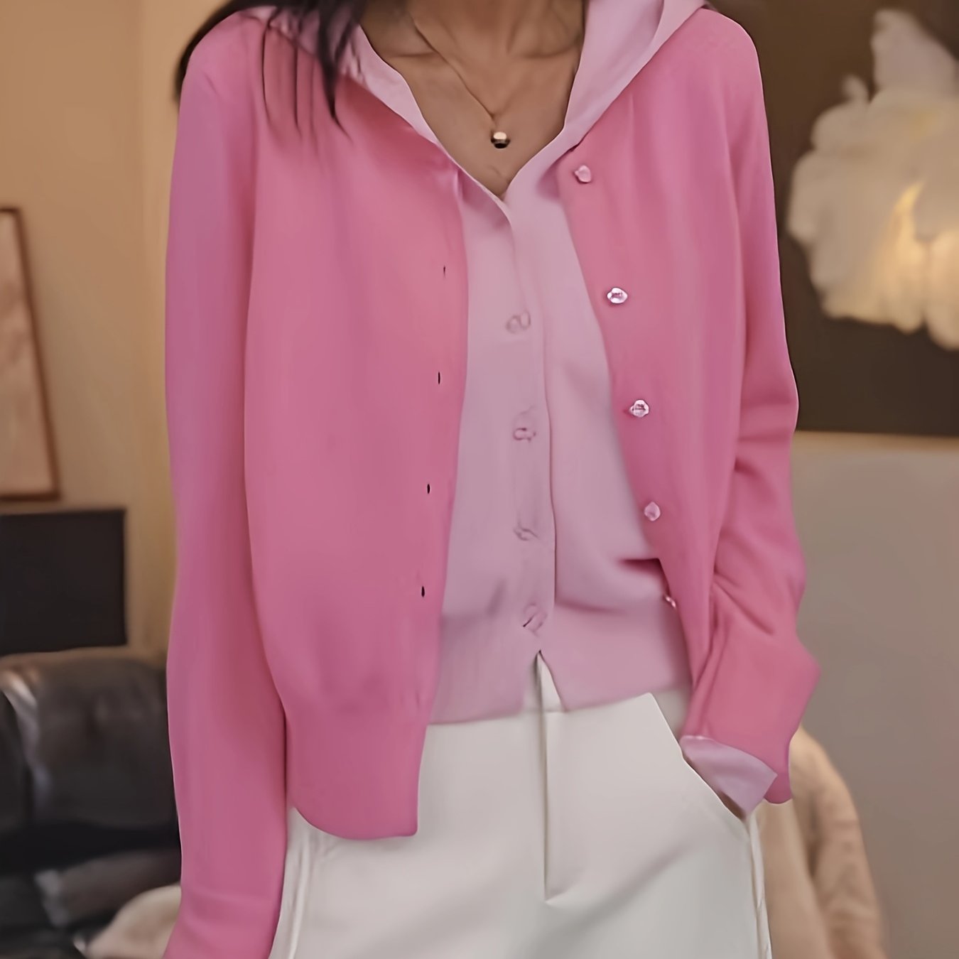 E-shop Richtungsweisend - 2026 Frühlingskollektion Europäisch-Amerikanischer Kontrastfarben Eleganter Casual Kapuzen-2-in-1 Look Cardigan für Damen