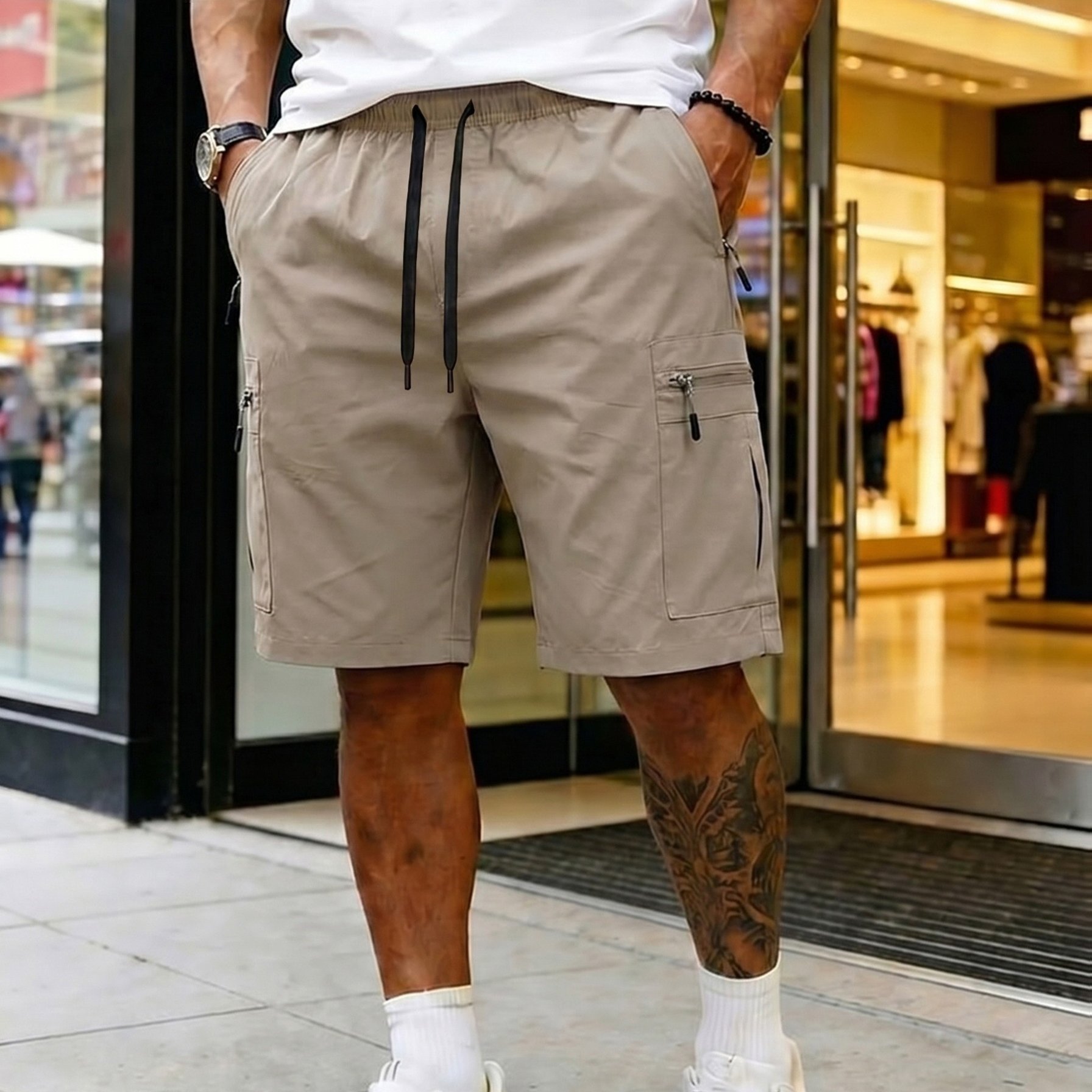 TEMU Heren Cargo Shorts in Grote Maten - Kleur, Trekkoord in de Taille met Zakken met Rits, Regular Fit Casual Zomershorts voor Buitenactiviteiten &
