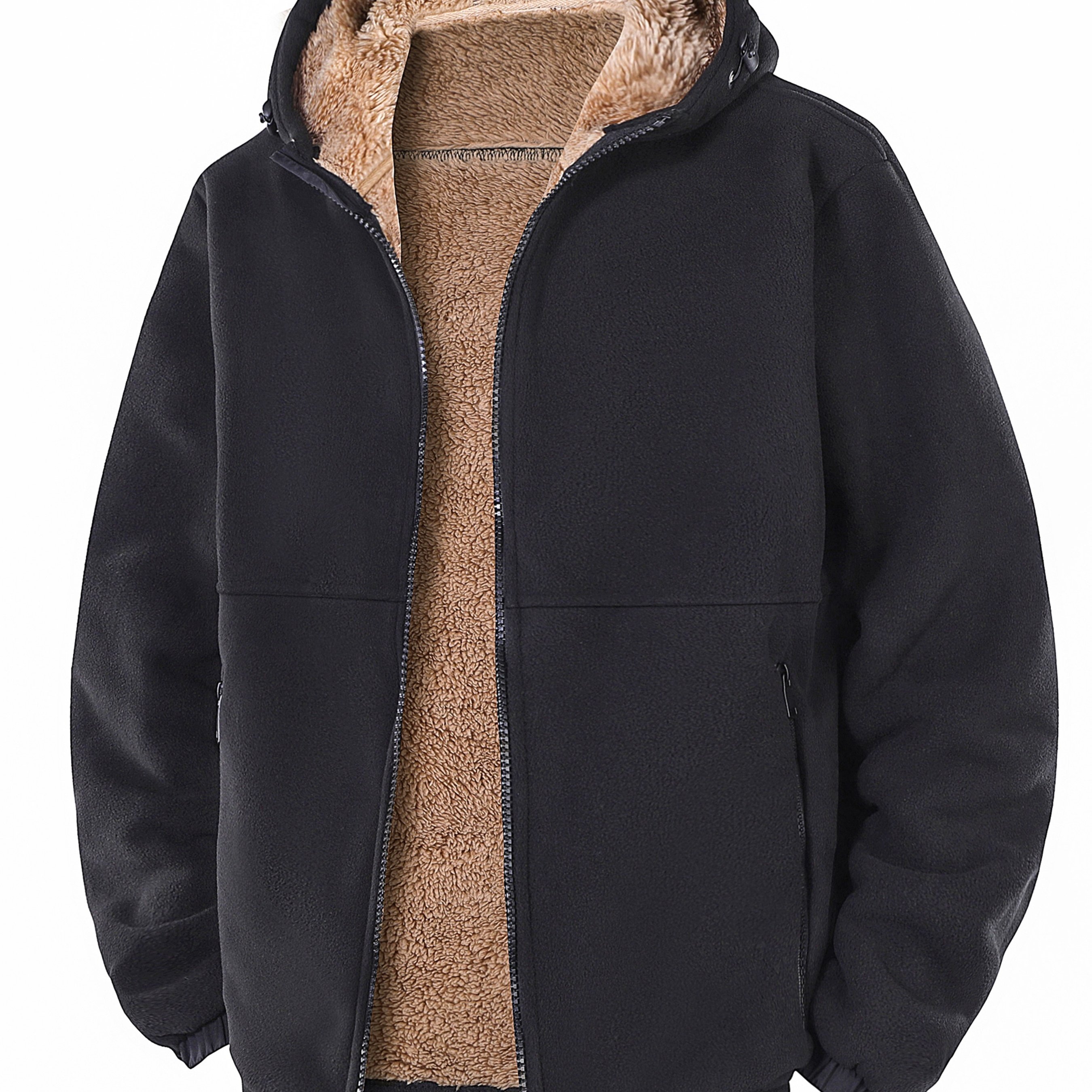 TEMU Men's Fleece Jacket With Lamb's Lining, Hooded, Warm, Simple Solid Color, Casual, For Autumn/winter, Regular Fit, Suitable For Outdoor And Dates