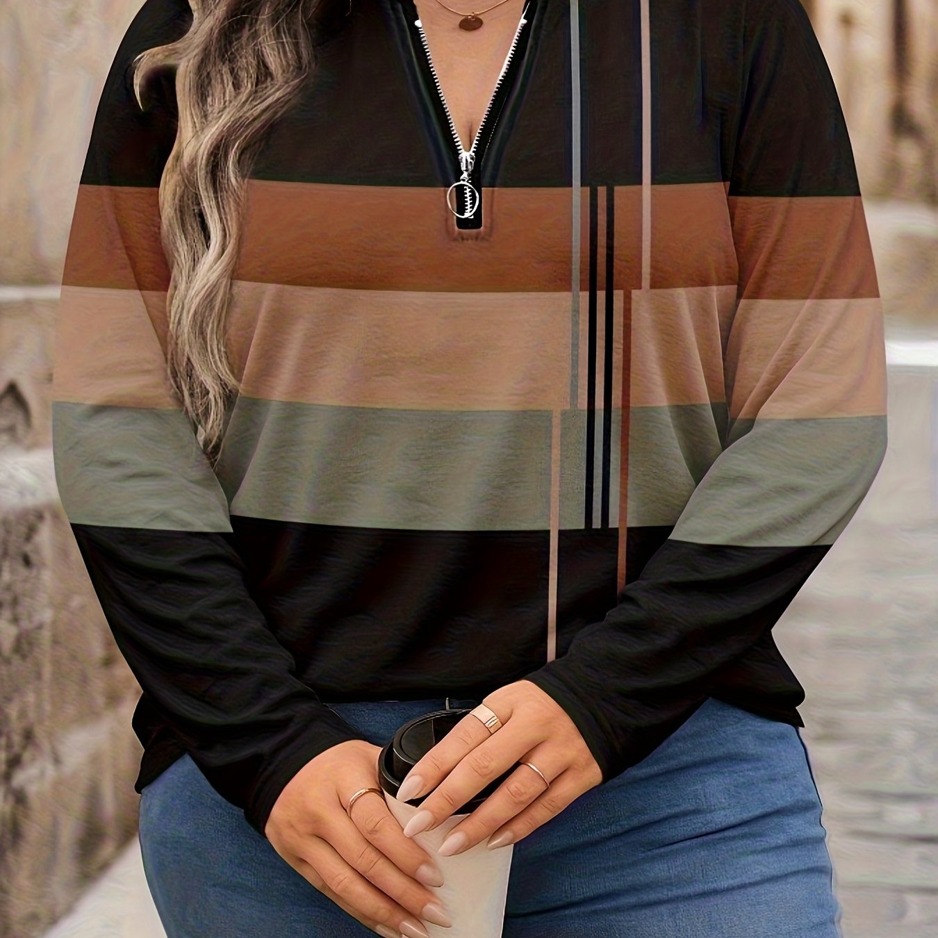 TEMU Plus Size, Women's Plus Size Striped Zip Long Sleeve
