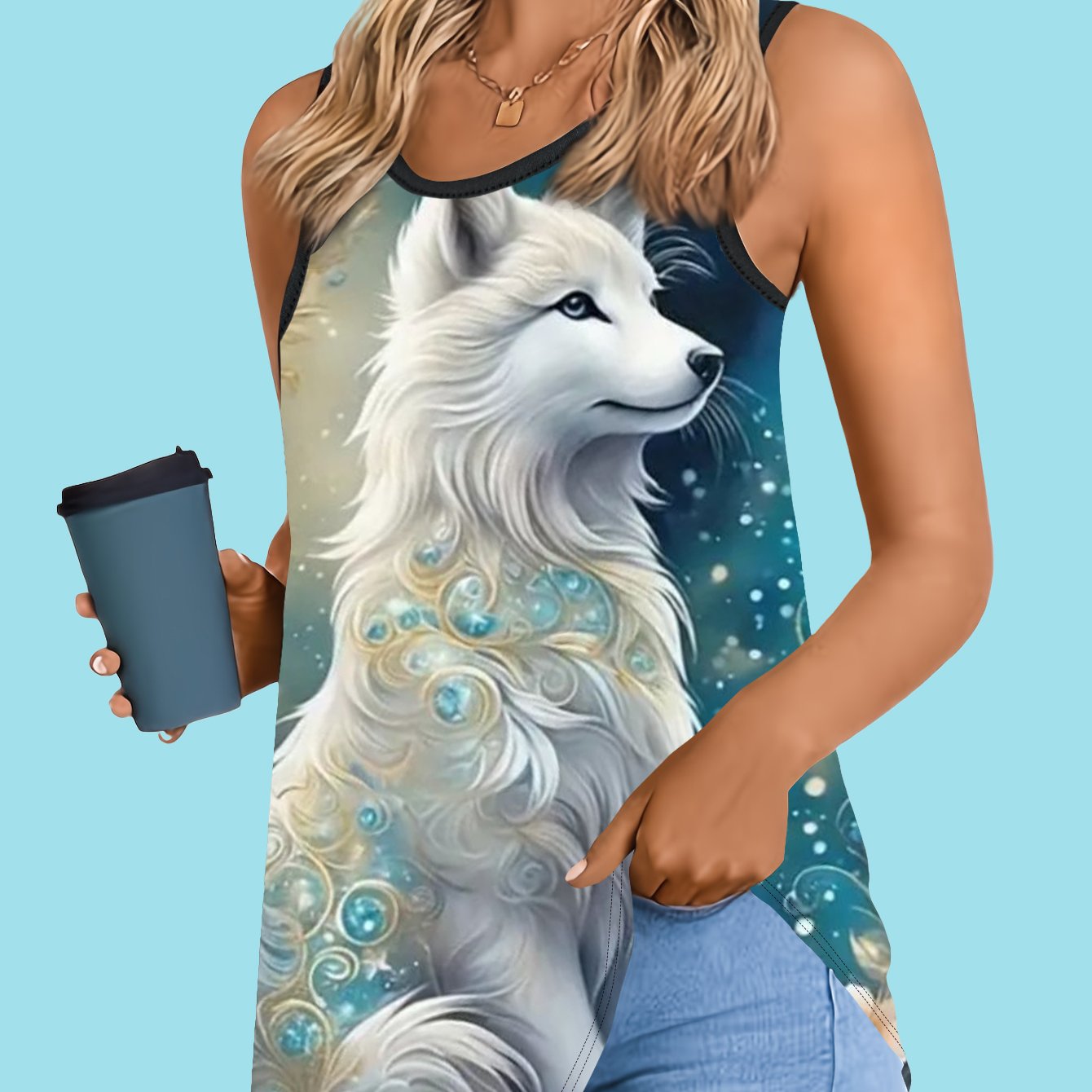 TEMU White-haired Fox Print Women's Round Neck Tank Top, Top
