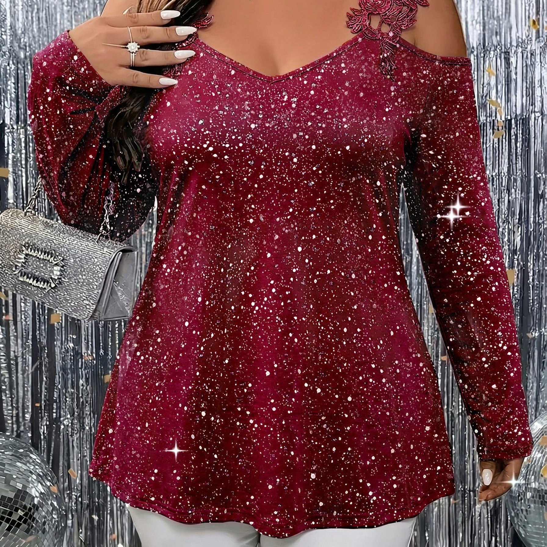 TEMU Plus Size - Plus Size - Targeted Development, Western Fashion New Style Printed Plus Size Lace Off-shoulder Top