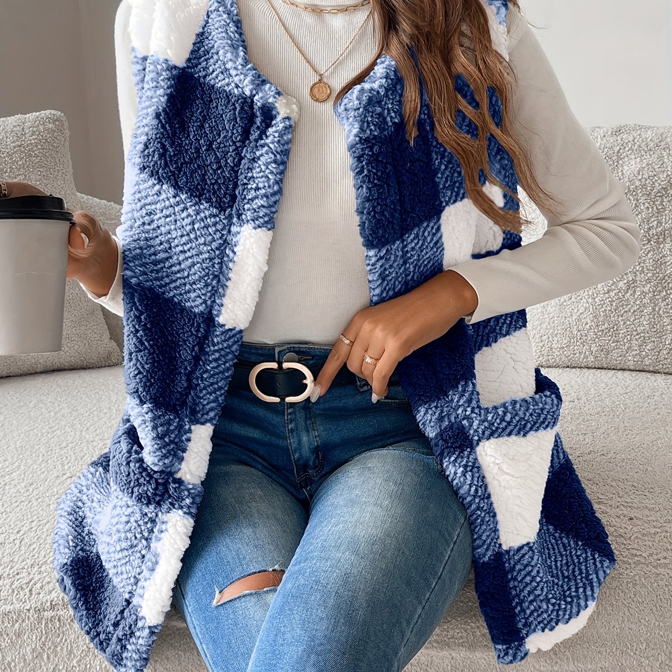 TEMU Veste gilet décontractée à carreaux pour femme, automne/hiver