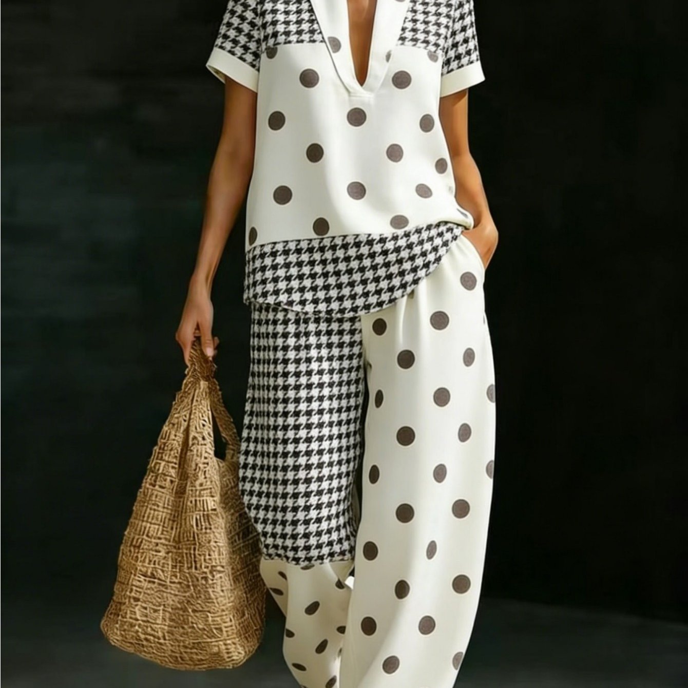 Image of Plus Size - Summer Women'-piece Set Plus Size Women's Set Polka Dot Print V-neck Short Sleeve Top And Wide Leg Pants Casual Vacation Outfit Black White